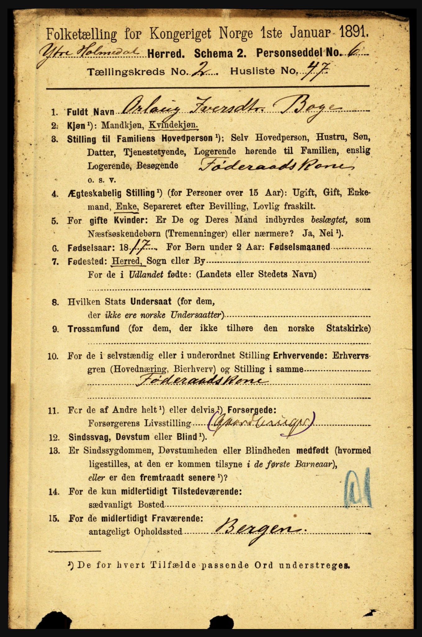 RA, 1891 census for 1429 Ytre Holmedal, 1891, p. 595