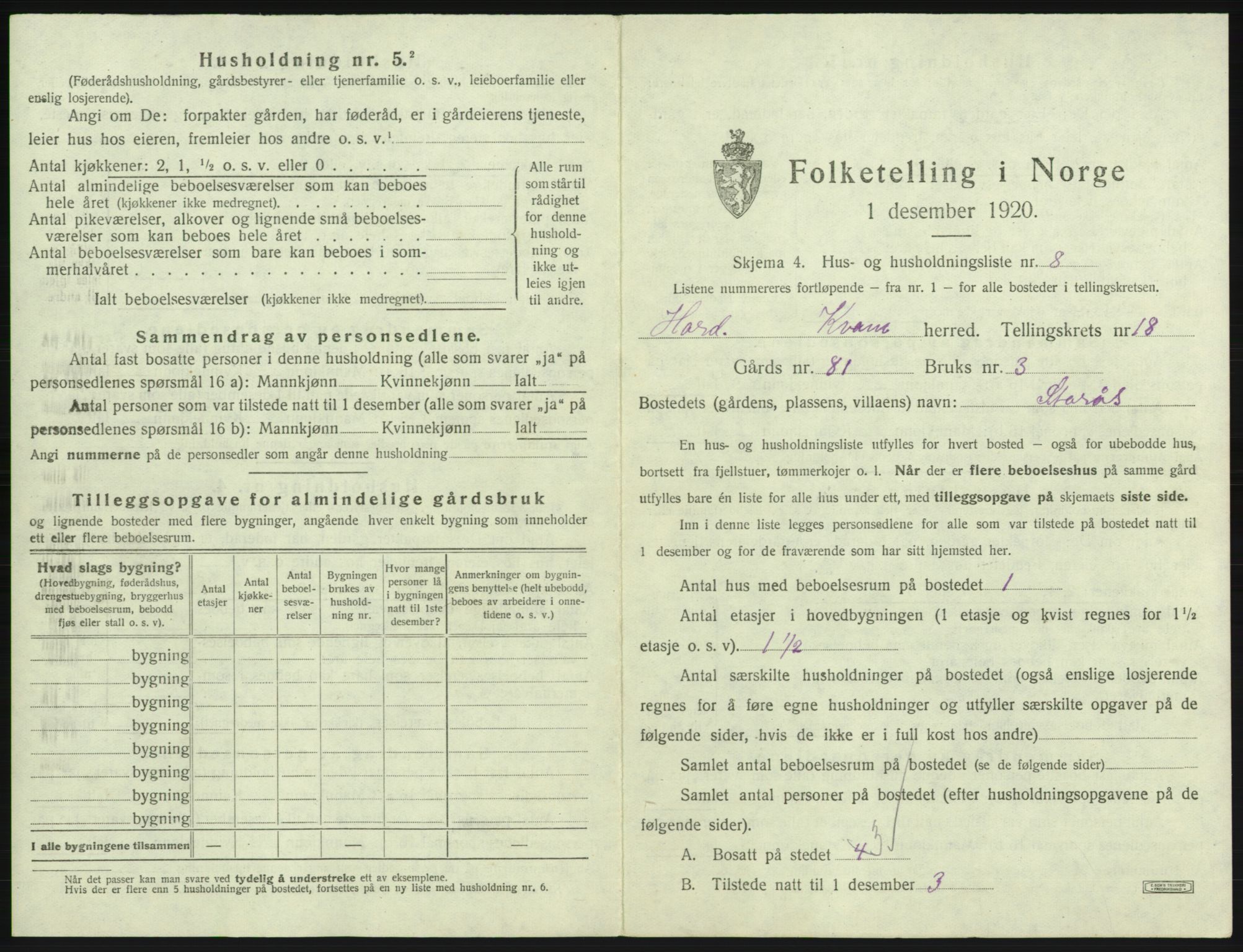 SAB, 1920 census for Kvam, 1920, p. 1419