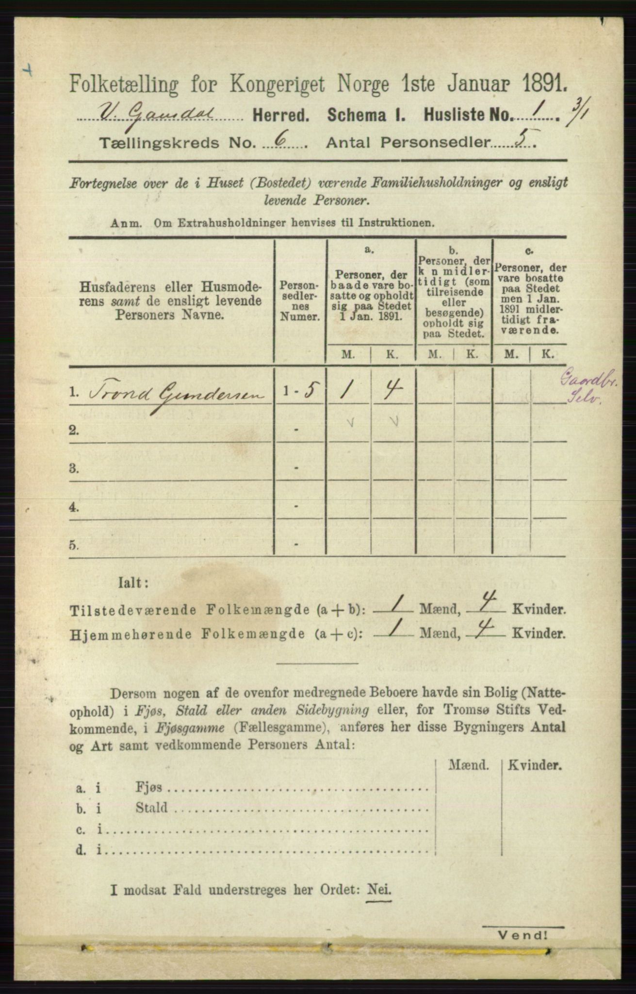 RA, 1891 census for 0523 Vestre Gausdal, 1891, p. 2479