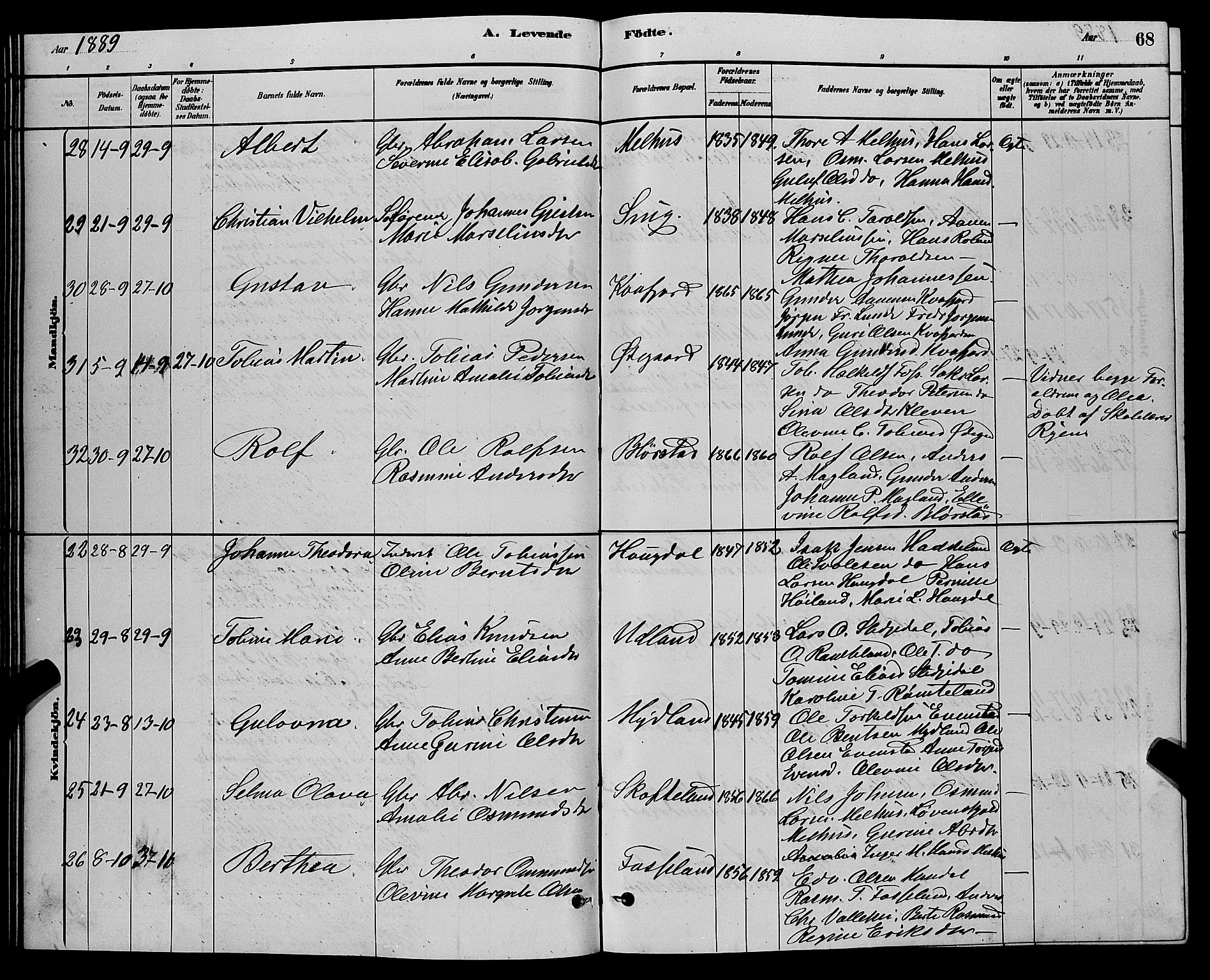 Sør-Audnedal sokneprestkontor, AV/SAK-1111-0039/F/Fb/Fbb/L0005: Parish register (copy) no. B 5, 1880-1892, p. 68