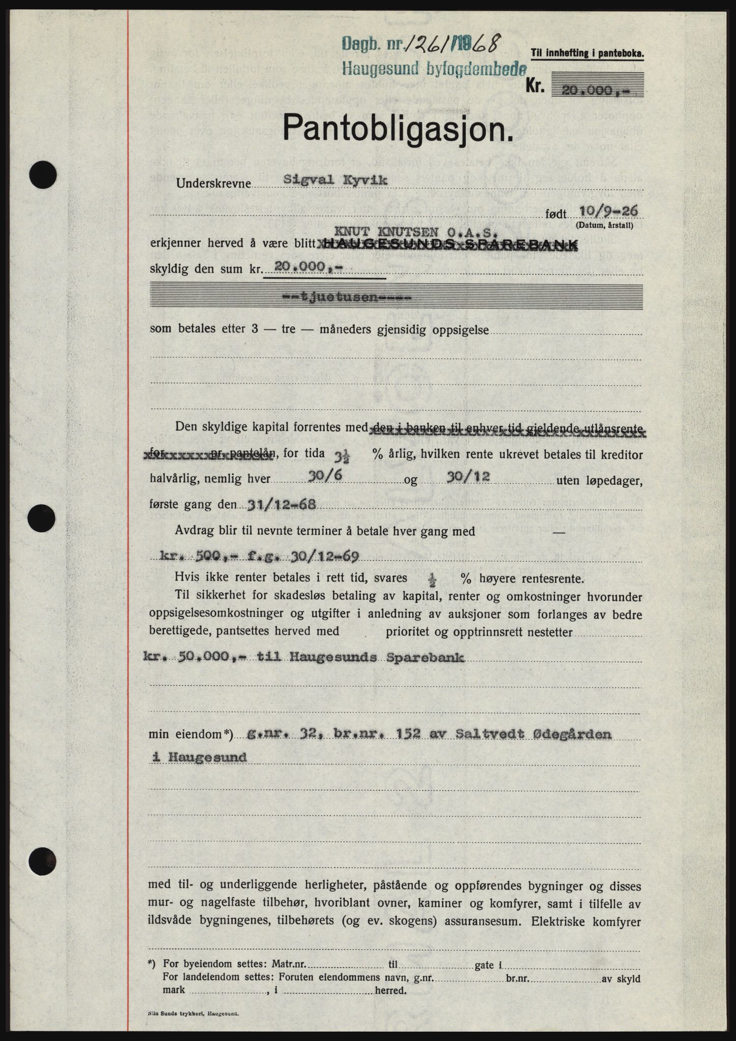 Haugesund tingrett, SAST/A-101415/01/II/IIC/L0058: Mortgage book no. B 58, 1967-1968, Diary no: : 1261/1968