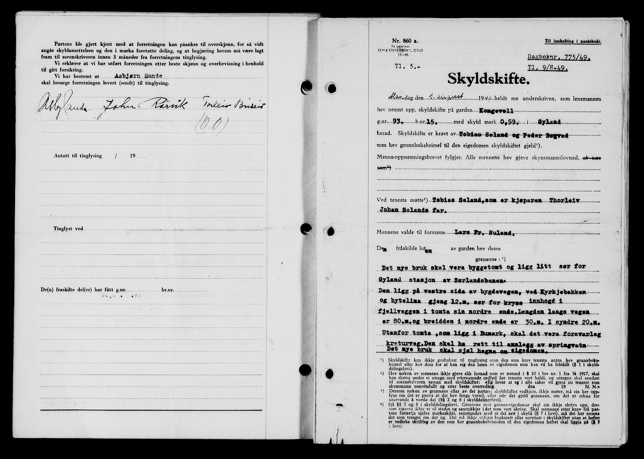 Flekkefjord sorenskriveri, SAK/1221-0001/G/Gb/Gba/L0065: Mortgage book no. A-13, 1949-1949, Diary no: : 775/1949