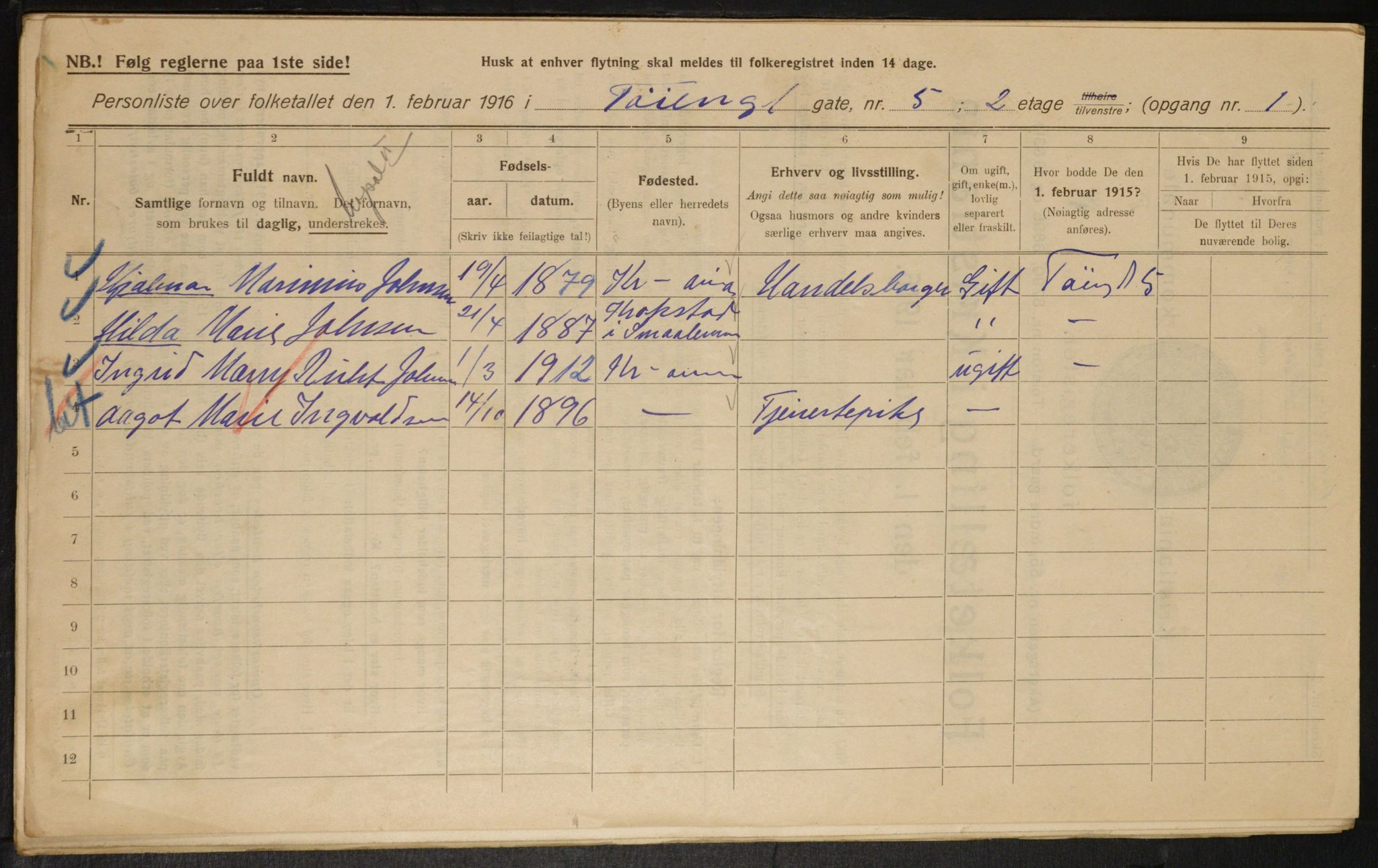 OBA, Municipal Census 1916 for Kristiania, 1916, p. 120684