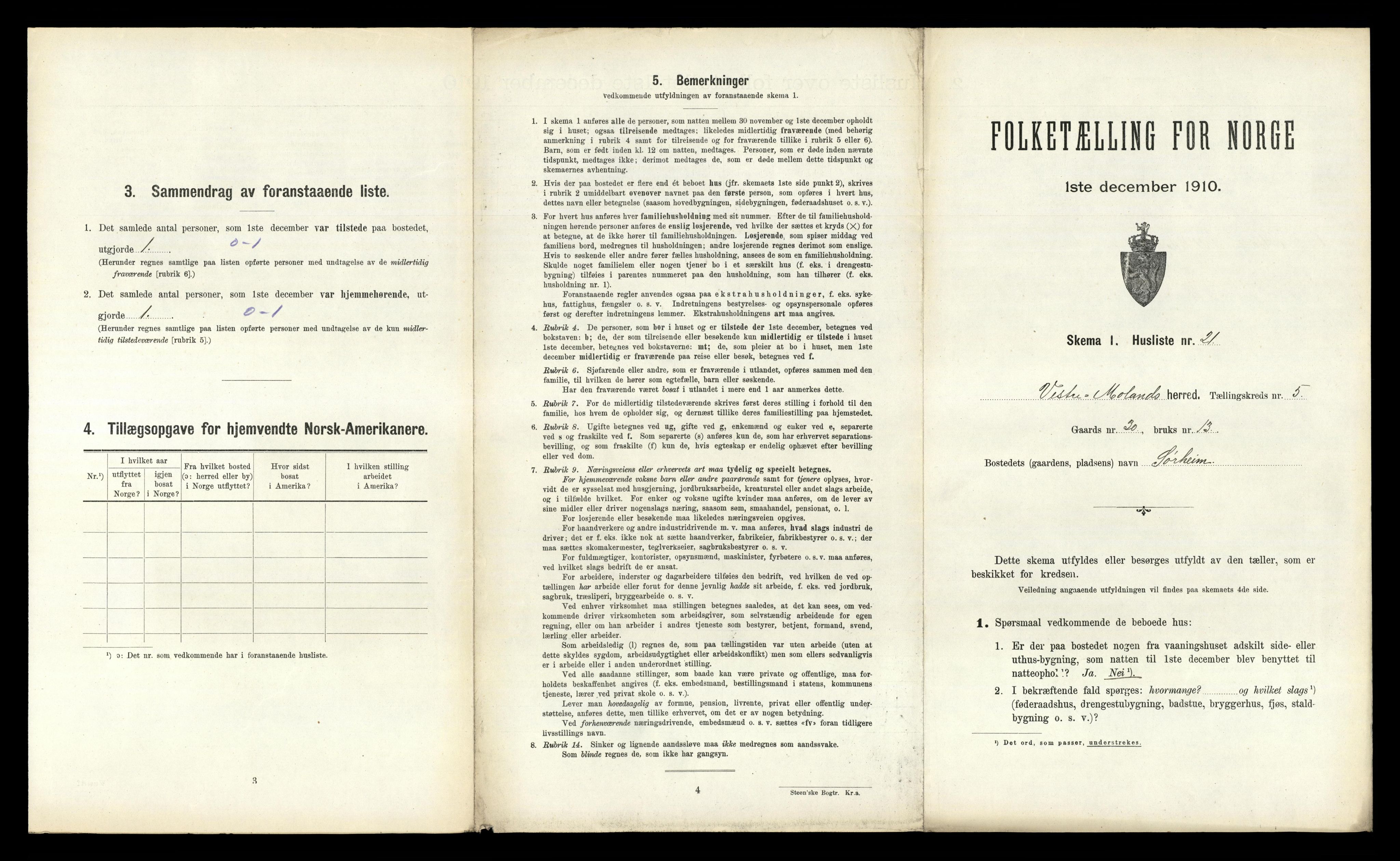 RA, 1910 census for Vestre Moland, 1910, p. 652