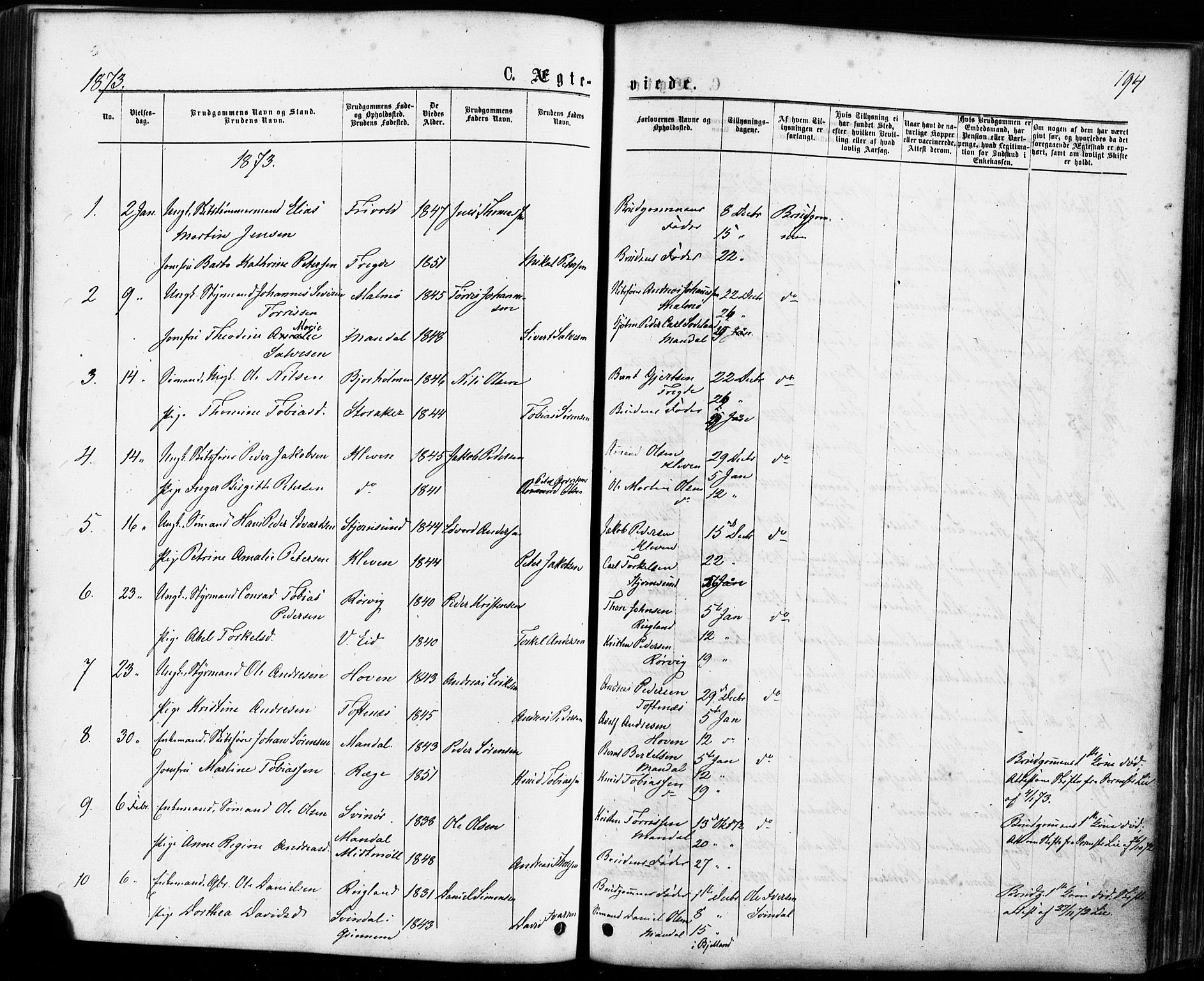 Mandal sokneprestkontor, AV/SAK-1111-0030/F/Fa/Faa/L0015: Parish register (official) no. A 15, 1873-1879, p. 194