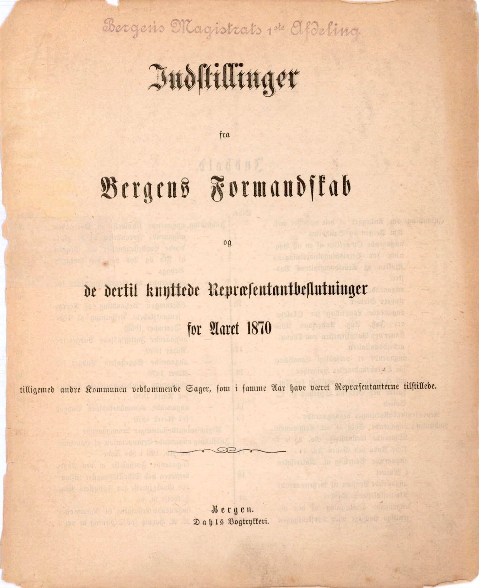 Bergen kommune. Formannskapet, BBA/A-0003/Ad/L0025: Bergens Kommuneforhandlinger, 1870