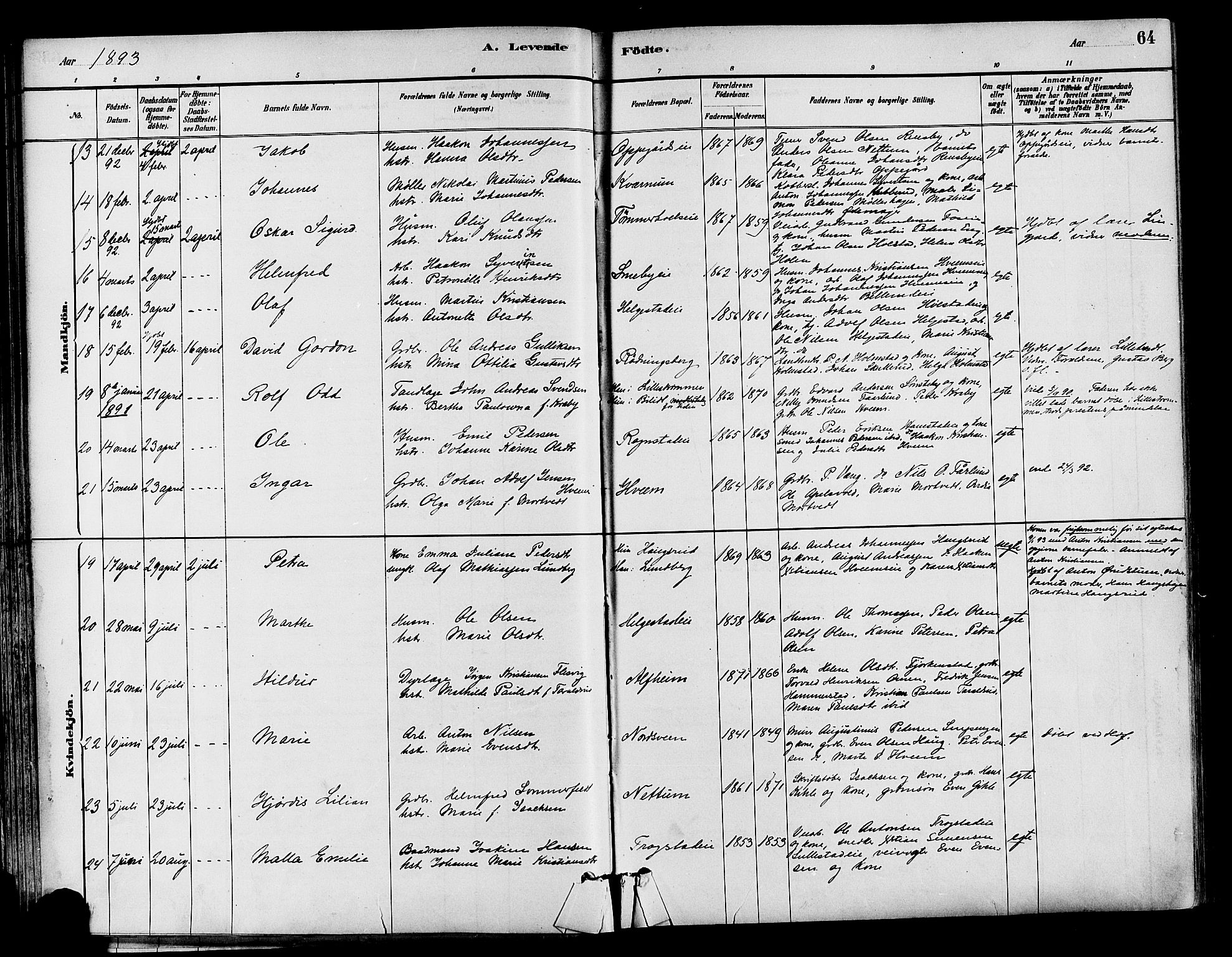 Østre Toten prestekontor, AV/SAH-PREST-104/H/Ha/Haa/L0007: Parish register (official) no. 7, 1881-1896, p. 64