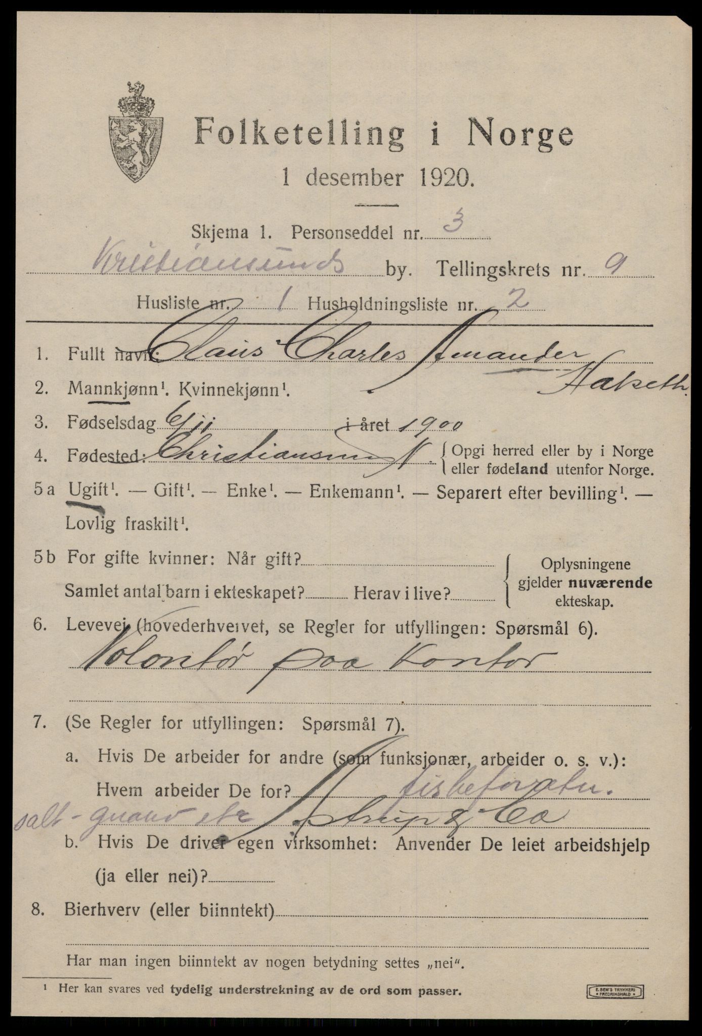 SAT, 1920 census for Kristiansund, 1920, p. 21385