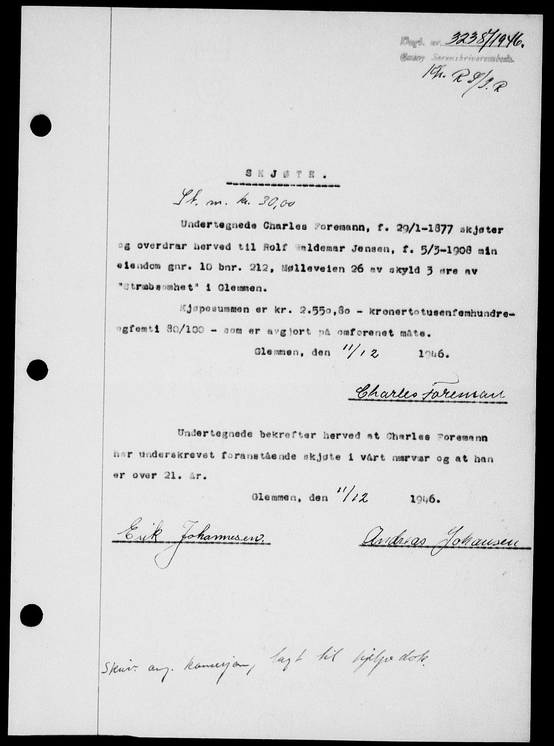 Onsøy sorenskriveri, SAO/A-10474/G/Ga/Gab/L0018: Mortgage book no. II A-18, 1946-1947, Diary no: : 3238/1946