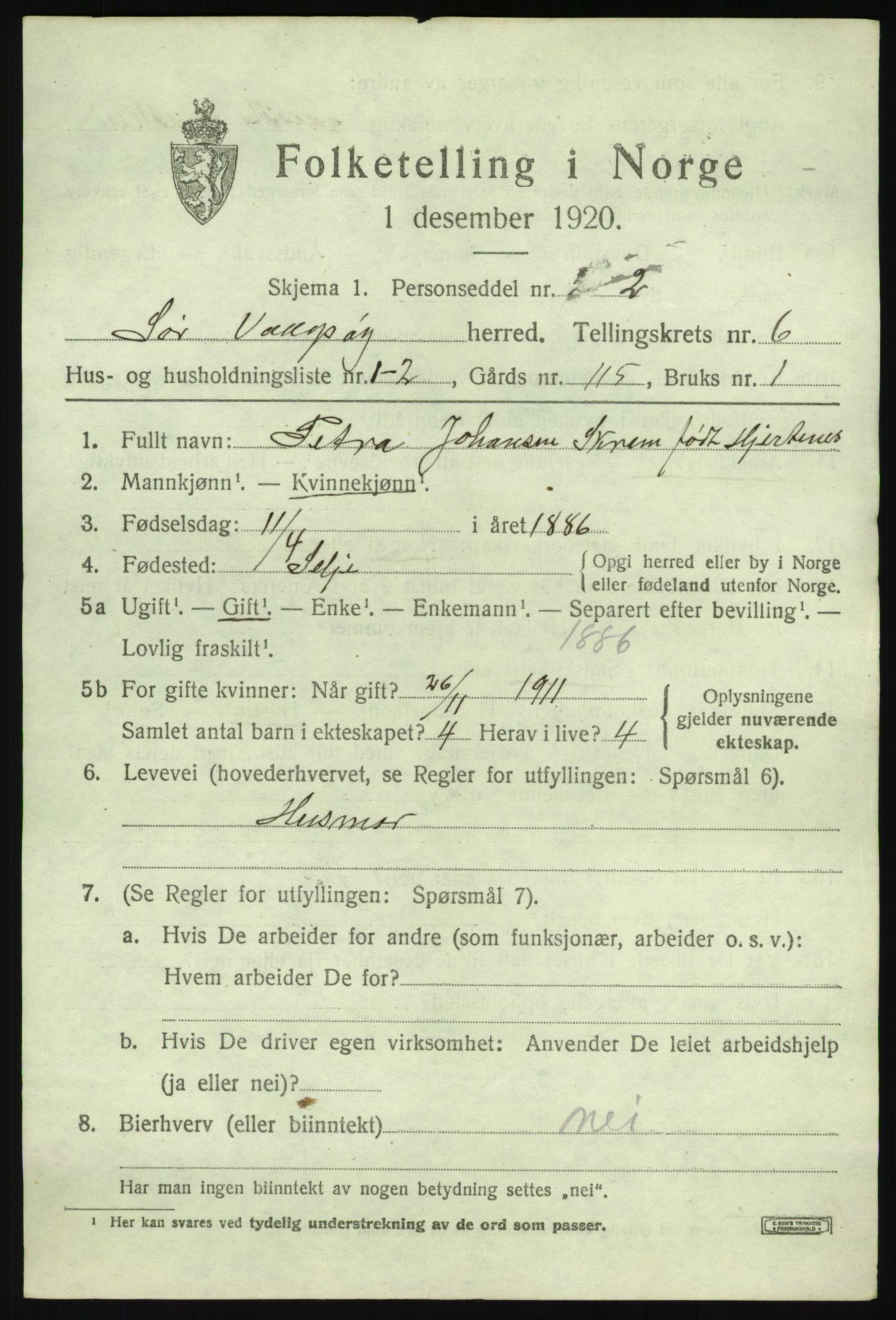 SAB, 1920 census for Sør-Vågsøy, 1920, p. 3296