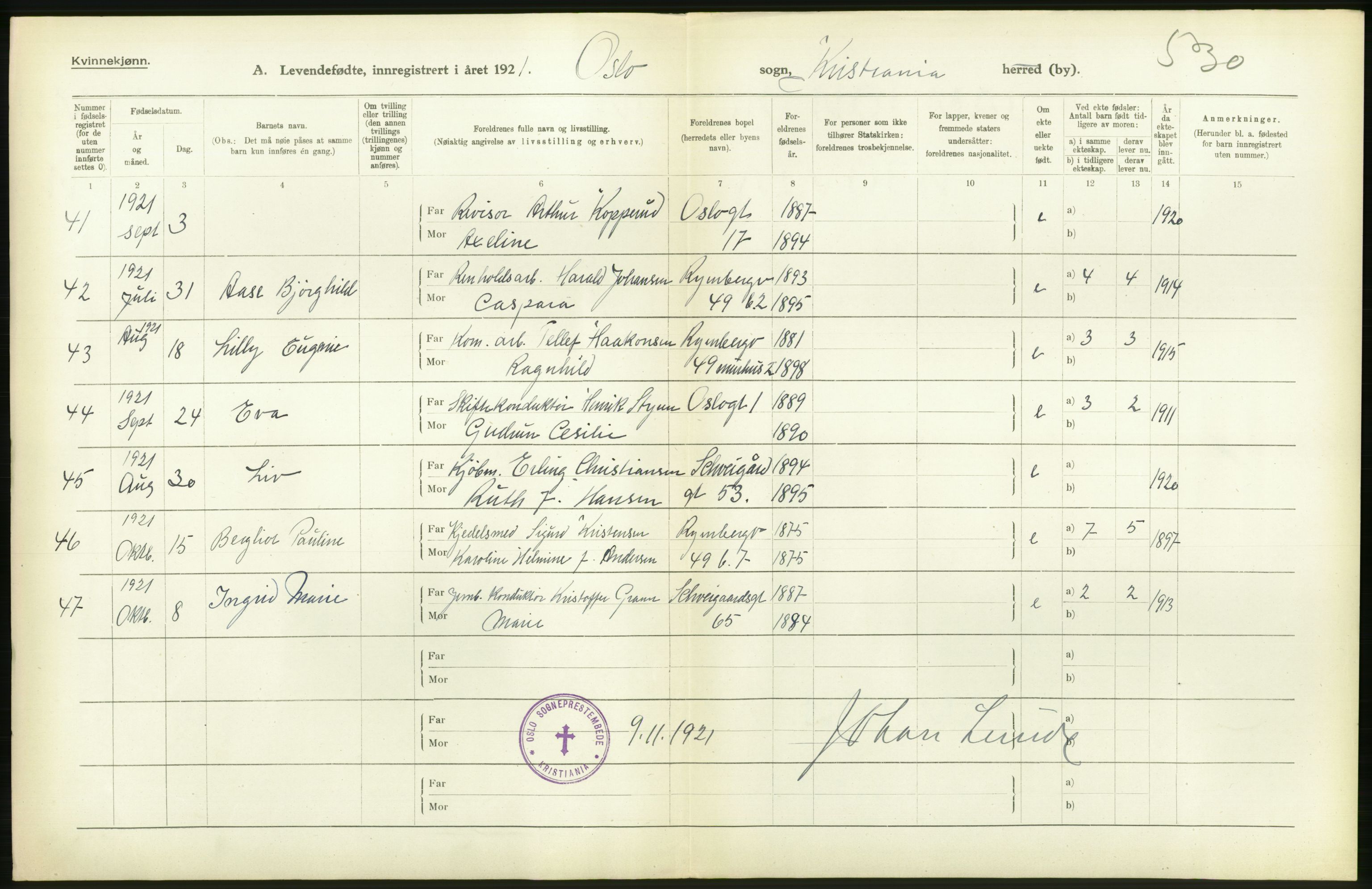 Statistisk sentralbyrå, Sosiodemografiske emner, Befolkning, RA/S-2228/D/Df/Dfc/Dfca/L0009: Kristiania: Levendefødte menn og kvinner., 1921, p. 242