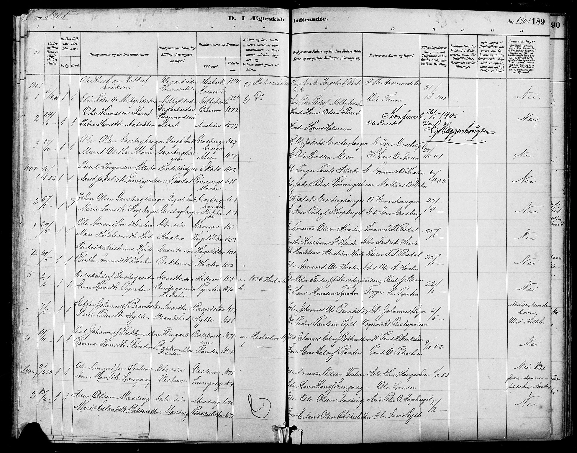 Nord-Fron prestekontor, SAH/PREST-080/H/Ha/Hab/L0005: Parish register (copy) no. 5, 1884-1914, p. 189