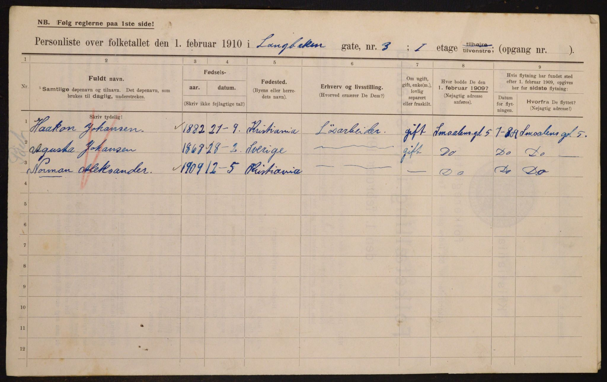 OBA, Municipal Census 1910 for Kristiania, 1910, p. 54327