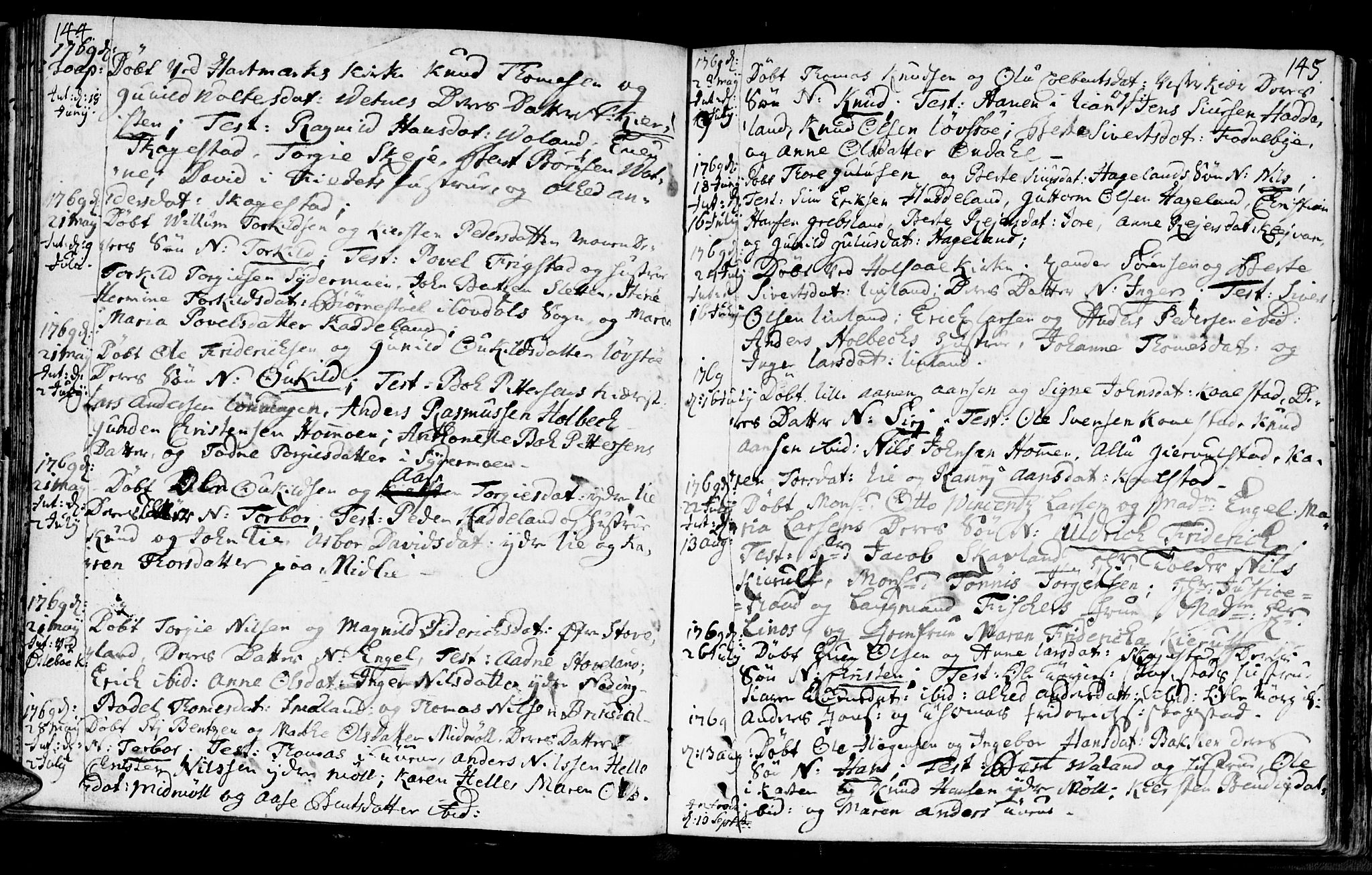 Holum sokneprestkontor, SAK/1111-0022/F/Fa/Faa/L0002: Parish register (official) no. A 2, 1756-1780, p. 144-145