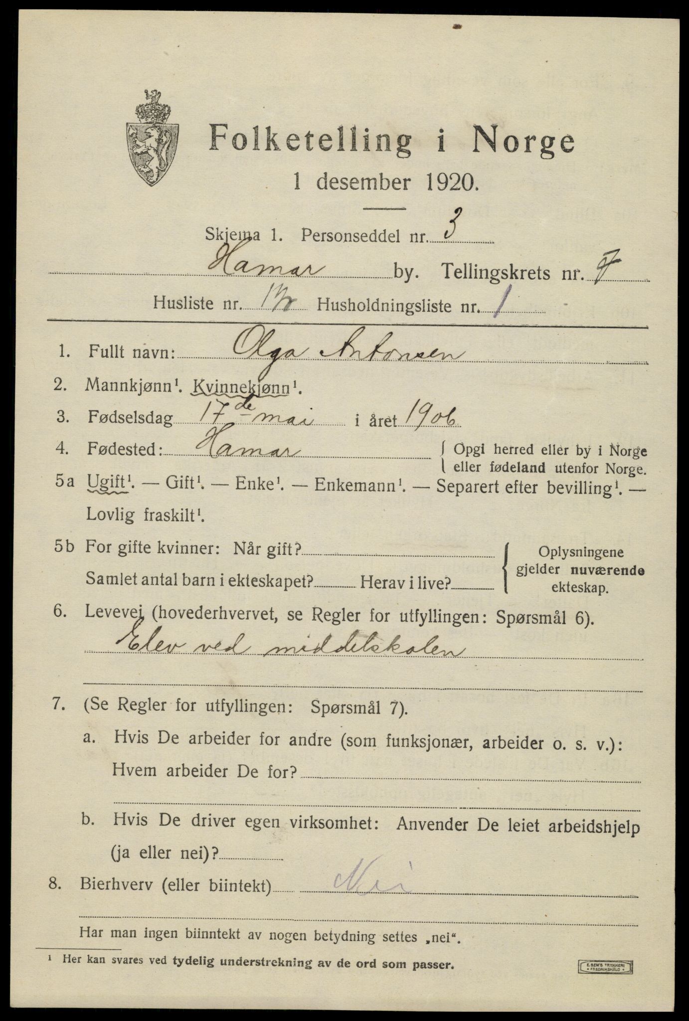 SAH, 1920 census for Hamar, 1920, p. 12999