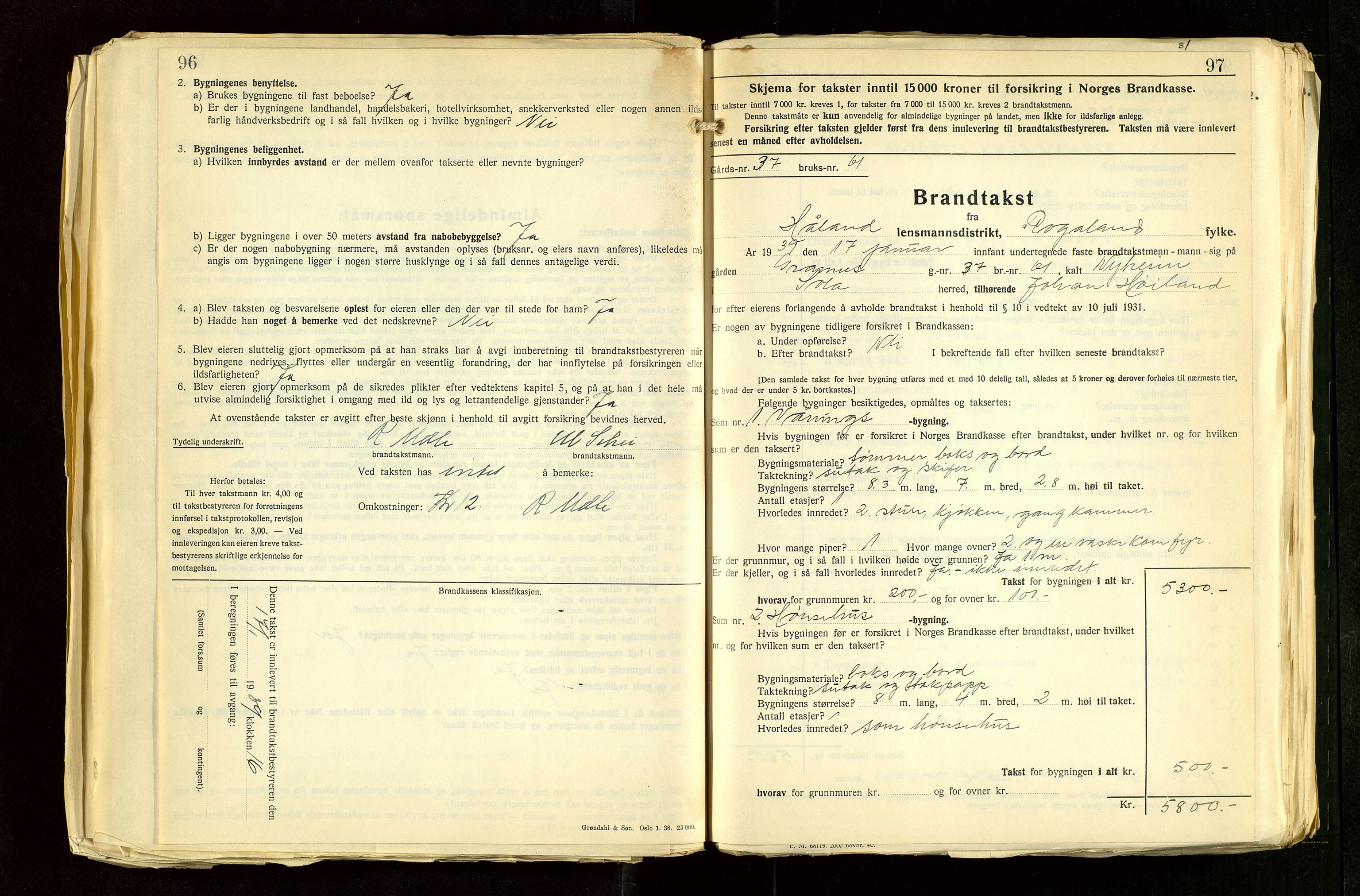 Håland lensmannskontor, SAST/A-100100/Gob/L0012: "Brandtakstprotokoll" - skjematakst. Register i boken., 1938-1941, p. 96-97