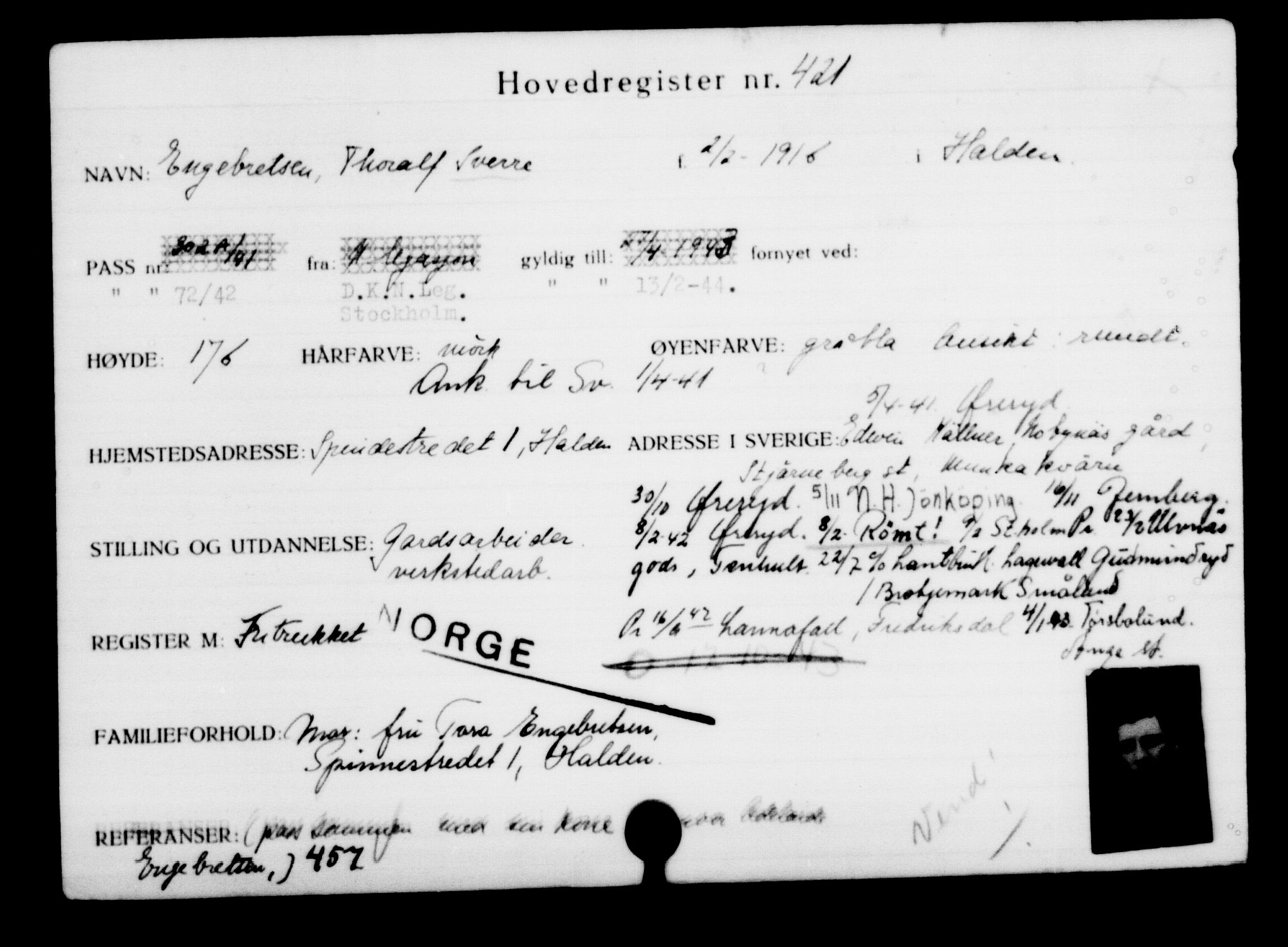 Utenriksstasjonene, Legasjonen i Stockholm, Flyktningkontoret, AV/RA-S-6753/V/Va/L0001: Kjesäterkartoteket, flyktninger med registreringsnr. 1-1000, 1940-1945, p. 659