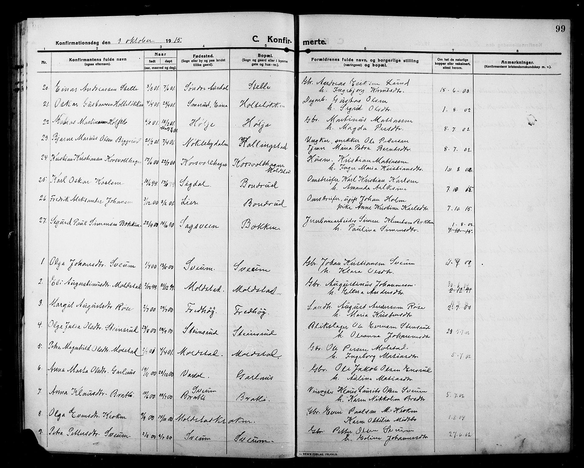 Kolbu prestekontor, SAH/PREST-110/H/Ha/Hab/L0001: Parish register (copy) no. 1, 1912-1925, p. 99