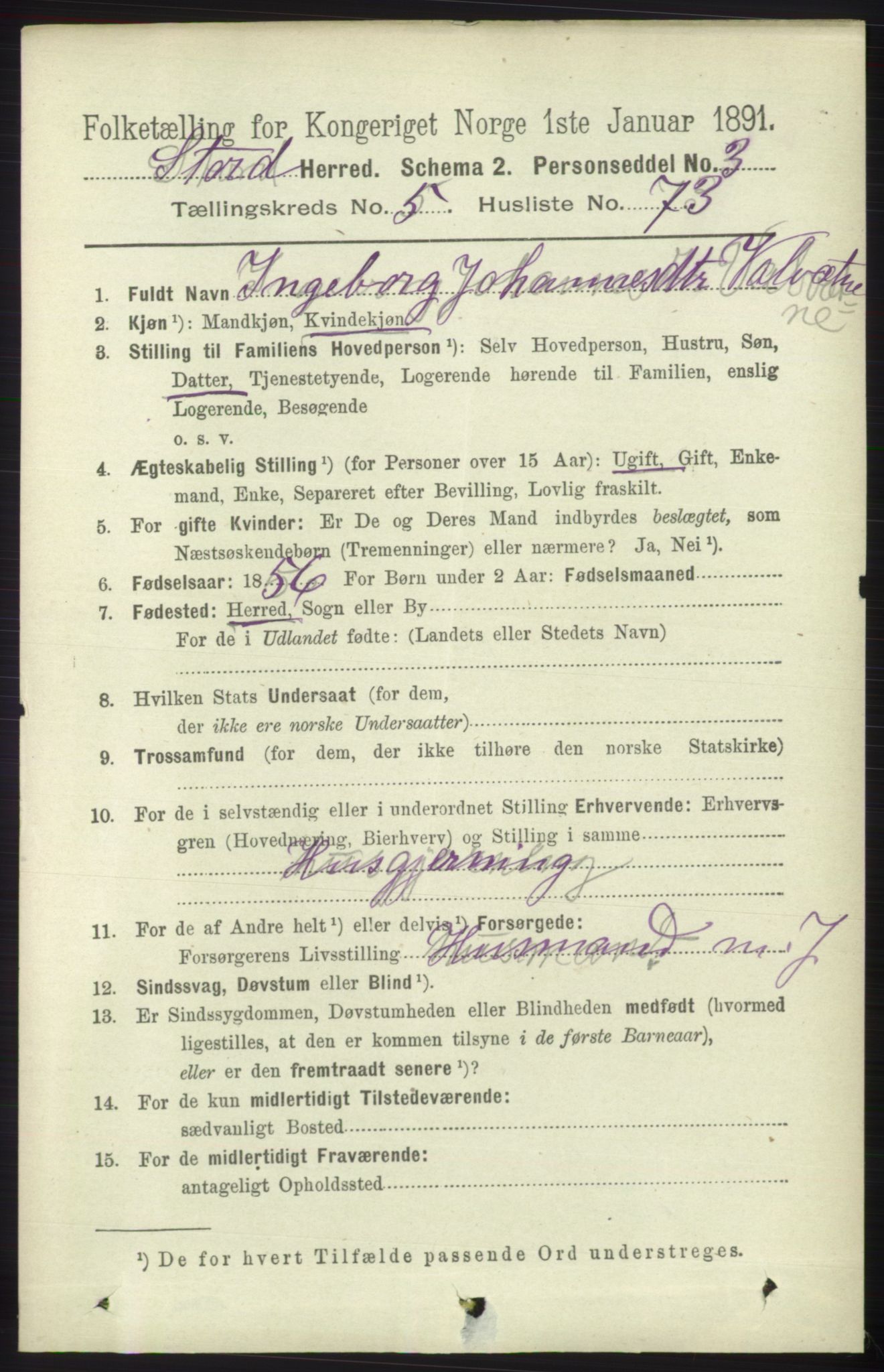 RA, 1891 census for 1221 Stord, 1891, p. 2069