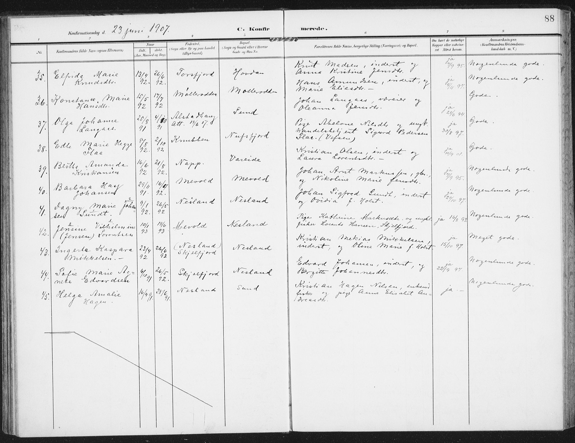 Ministerialprotokoller, klokkerbøker og fødselsregistre - Nordland, AV/SAT-A-1459/885/L1206: Parish register (official) no. 885A07, 1905-1915, p. 88