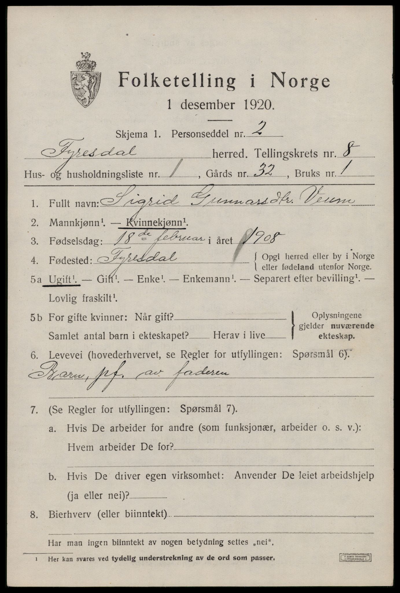 SAKO, 1920 census for Fyresdal, 1920, p. 3319