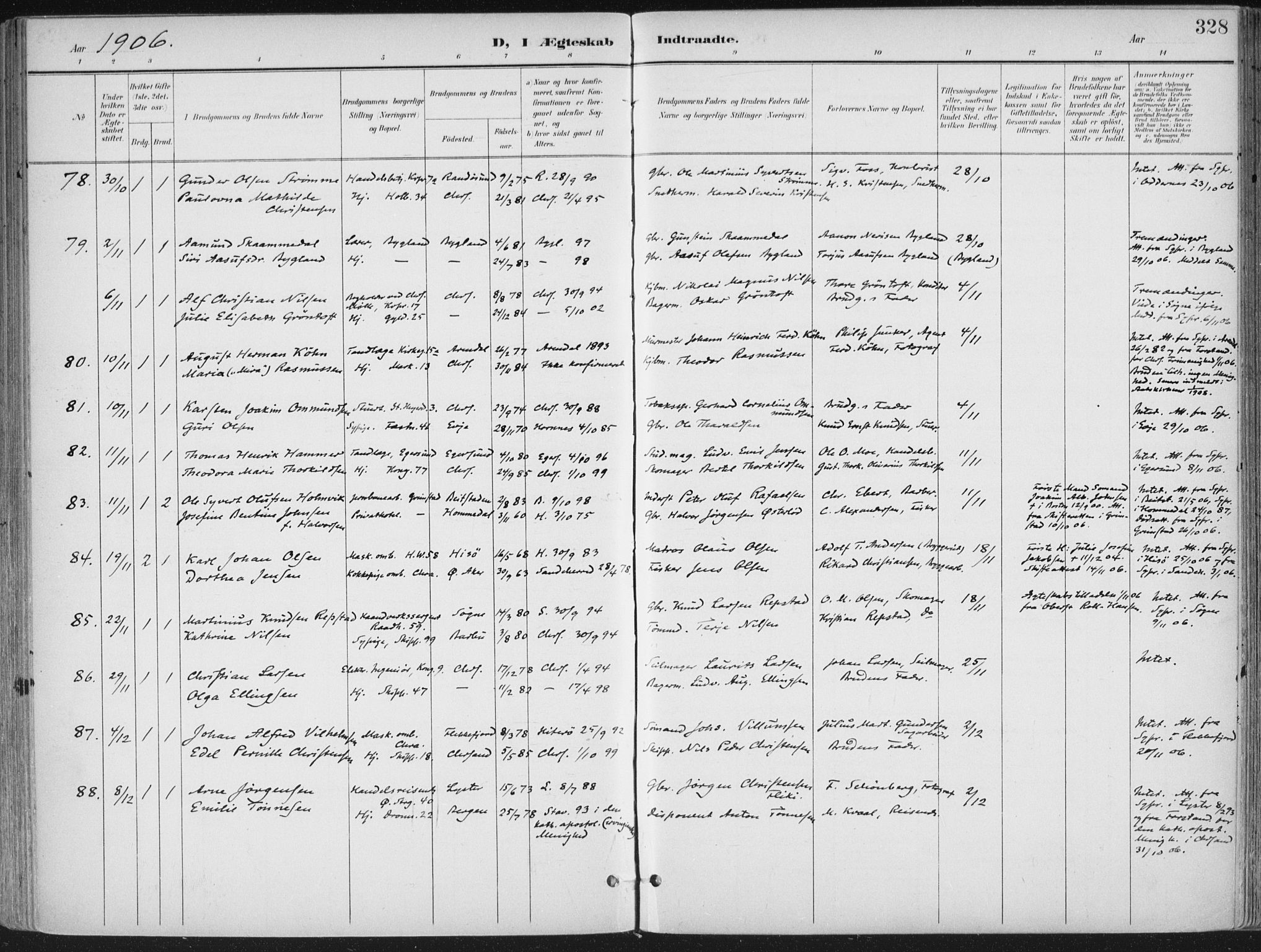 Kristiansand domprosti, SAK/1112-0006/F/Fa/L0021: Parish register (official) no. A 20, 1898-1908, p. 328