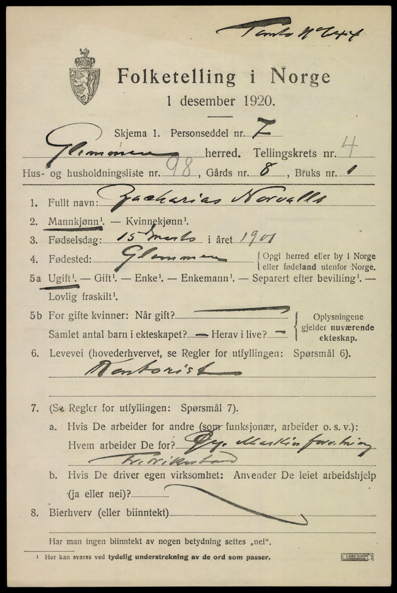 SAO, 1920 census for Glemmen, 1920, p. 16713