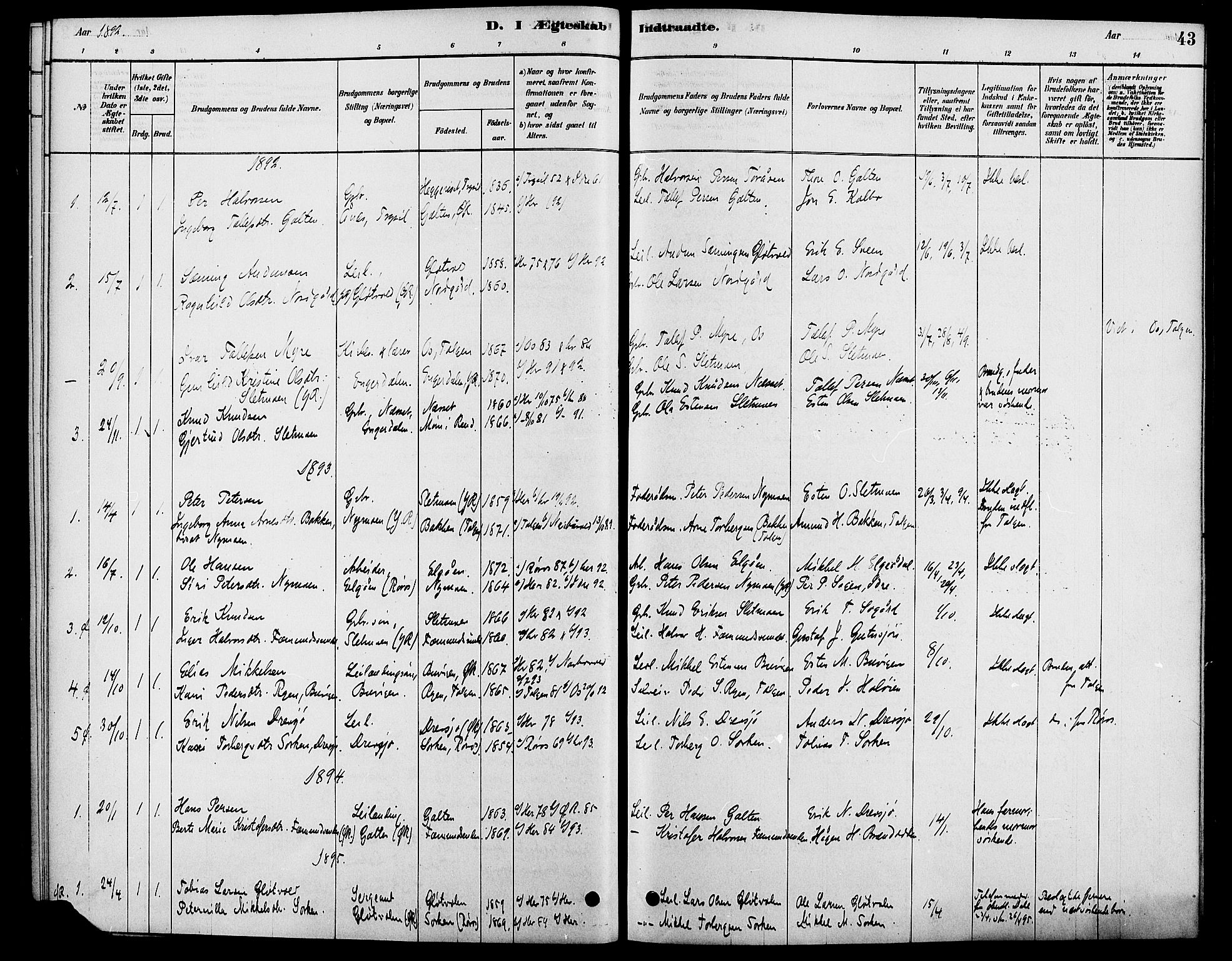 Rendalen prestekontor, SAH/PREST-054/H/Ha/Haa/L0007: Parish register (official) no. 7, 1878-1898, p. 43
