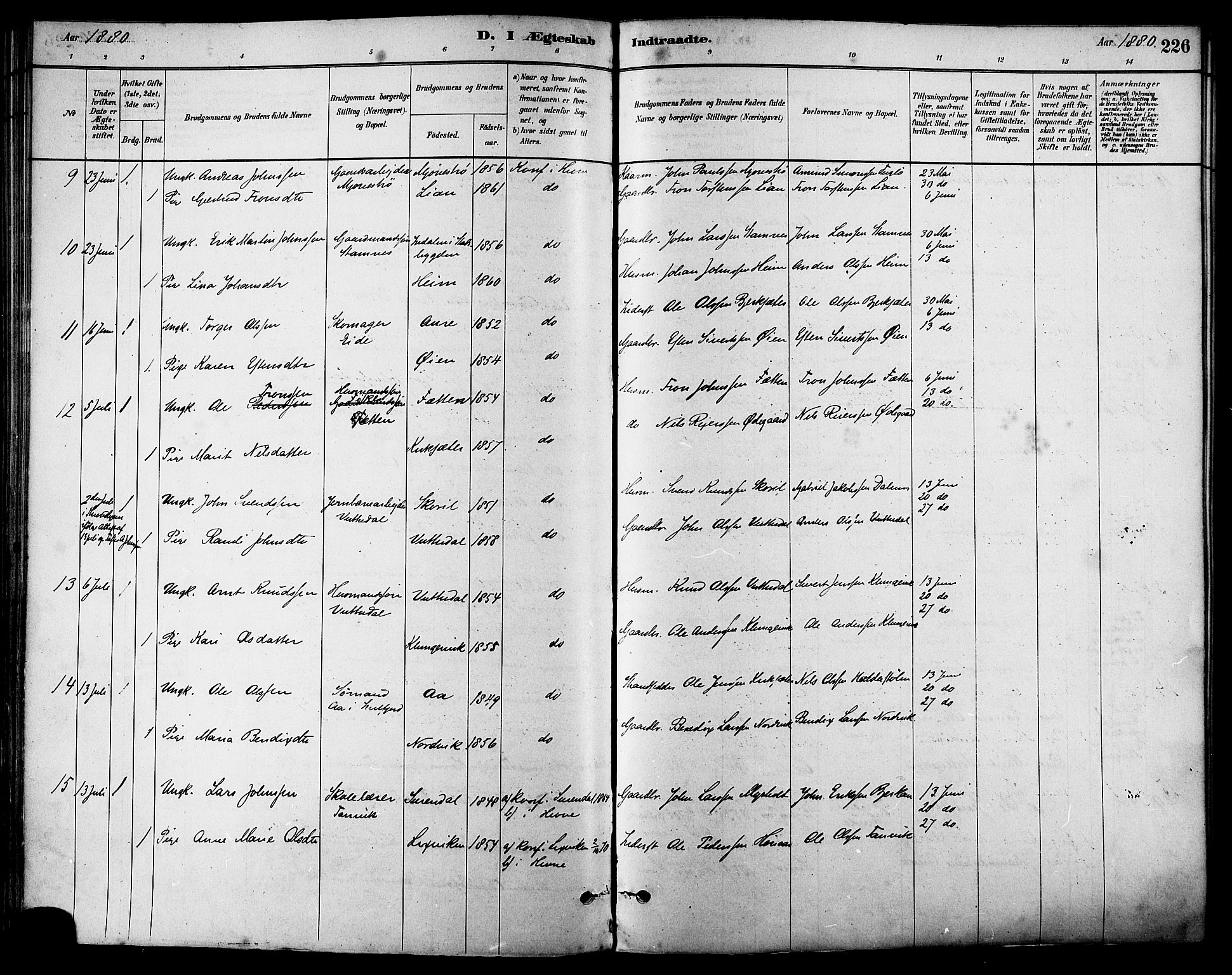 Ministerialprotokoller, klokkerbøker og fødselsregistre - Sør-Trøndelag, AV/SAT-A-1456/630/L0496: Parish register (official) no. 630A09, 1879-1895, p. 226