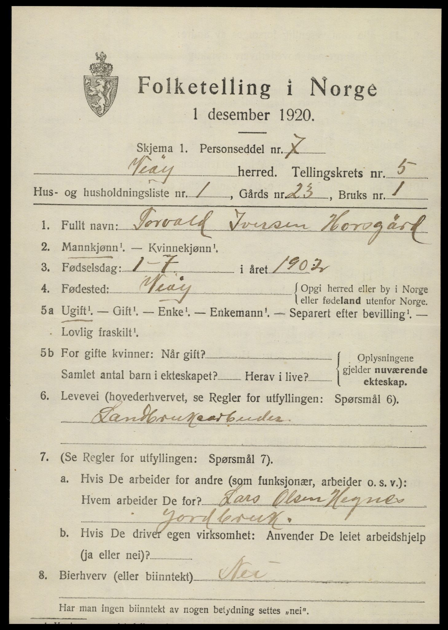 SAT, 1920 census for Veøy, 1920, p. 2335