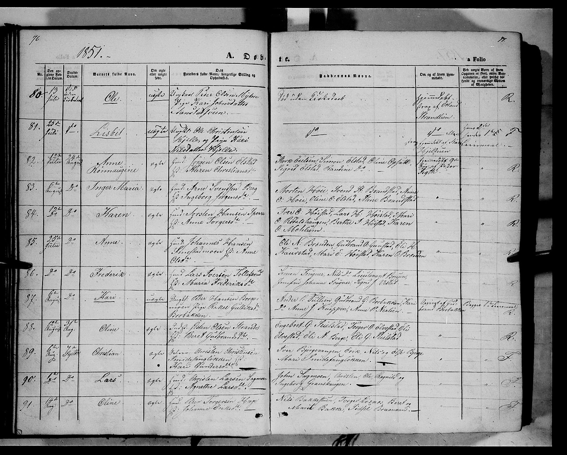 Ringebu prestekontor, AV/SAH-PREST-082/H/Ha/Haa/L0006: Parish register (official) no. 6, 1848-1859, p. 76-77