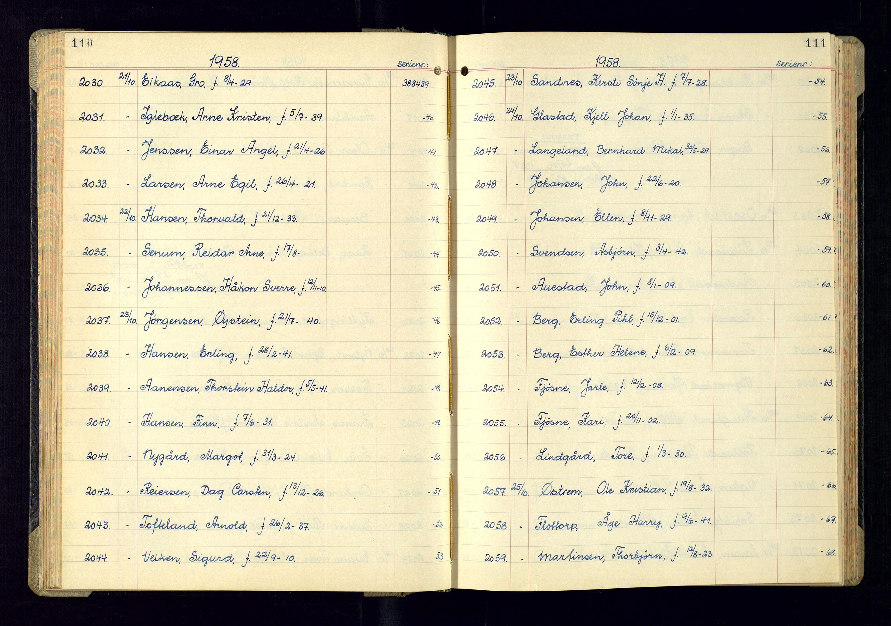 Kristiansand politikammer - 2, AV/SAK-1243-0009/K/Ka/Kaa/L0614: Passprotokoll, liste med løpenumre, 1958-1962, p. 110-111