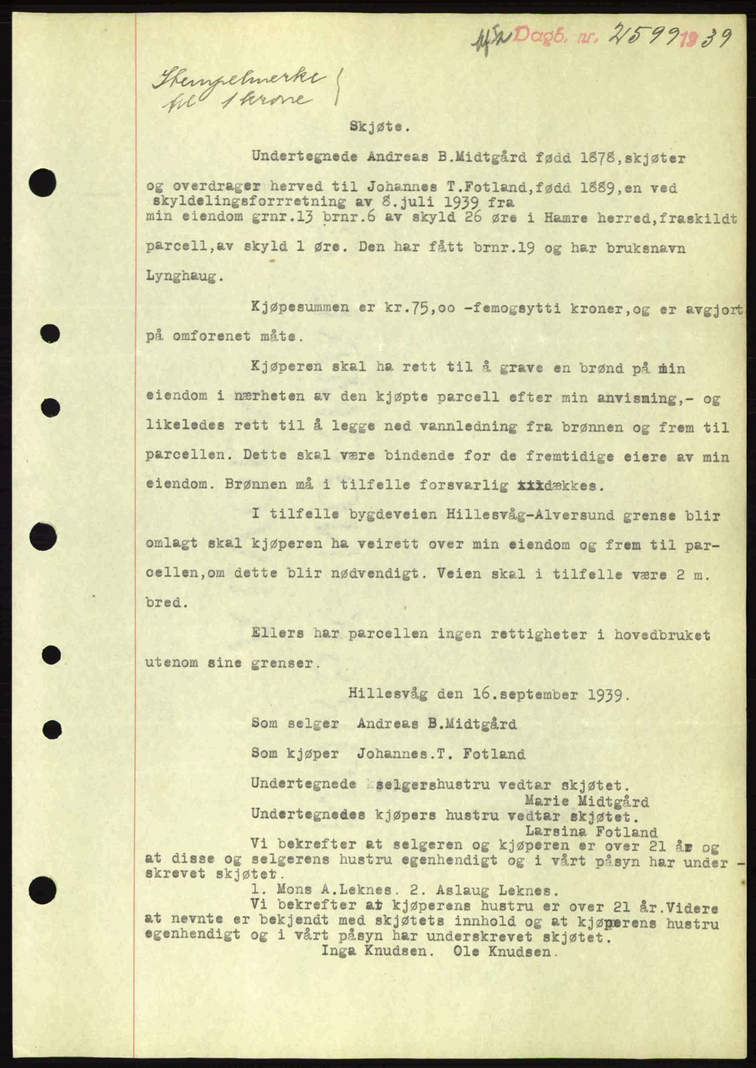 Nordhordland sorenskrivar, SAB/A-2901/1/G/Gb/Gbf/L0010: Mortgage book no. A10, 1939-1940, Diary no: : 2599/1939