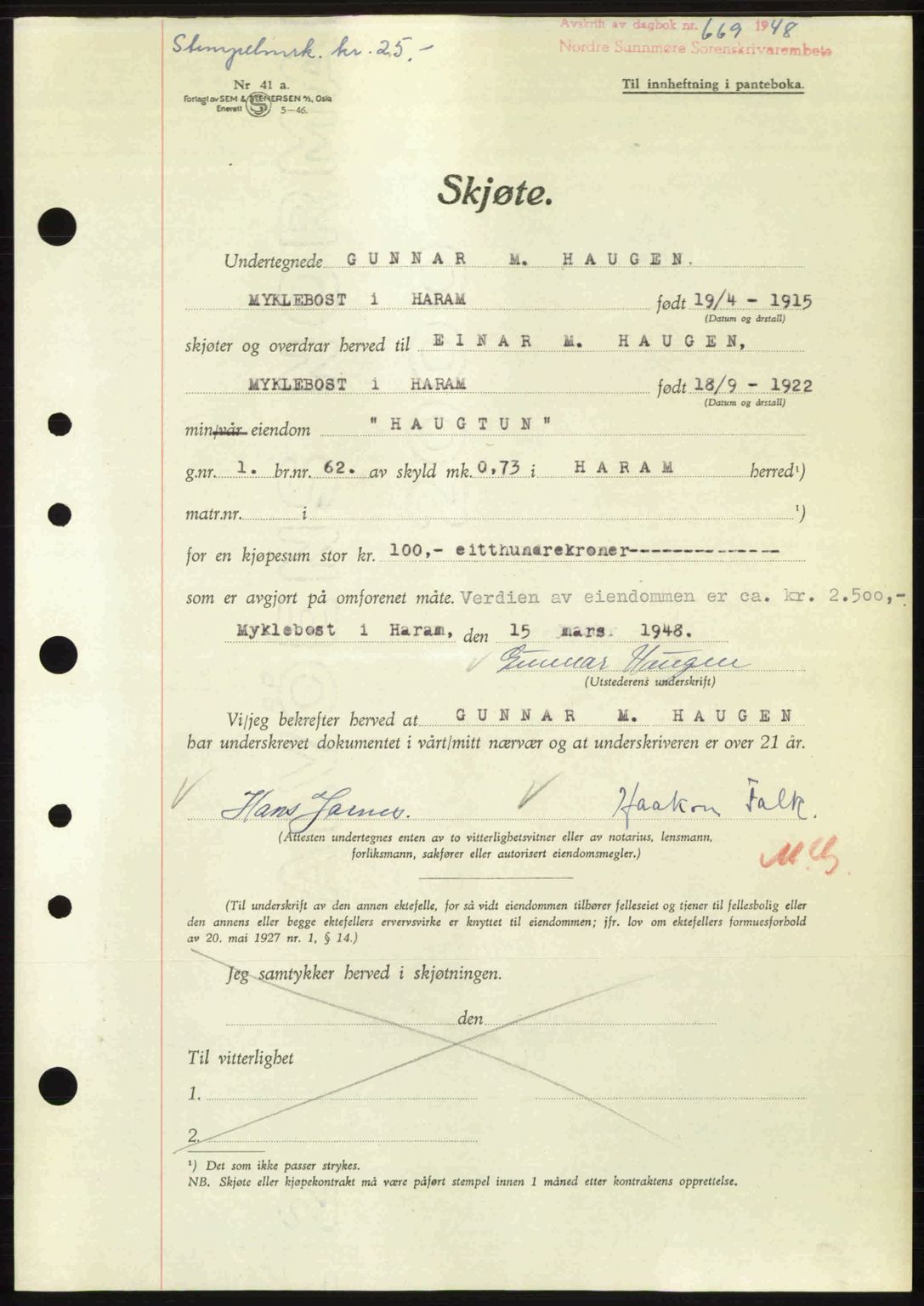 Nordre Sunnmøre sorenskriveri, AV/SAT-A-0006/1/2/2C/2Ca: Mortgage book no. A27, 1948-1948, Diary no: : 669/1948