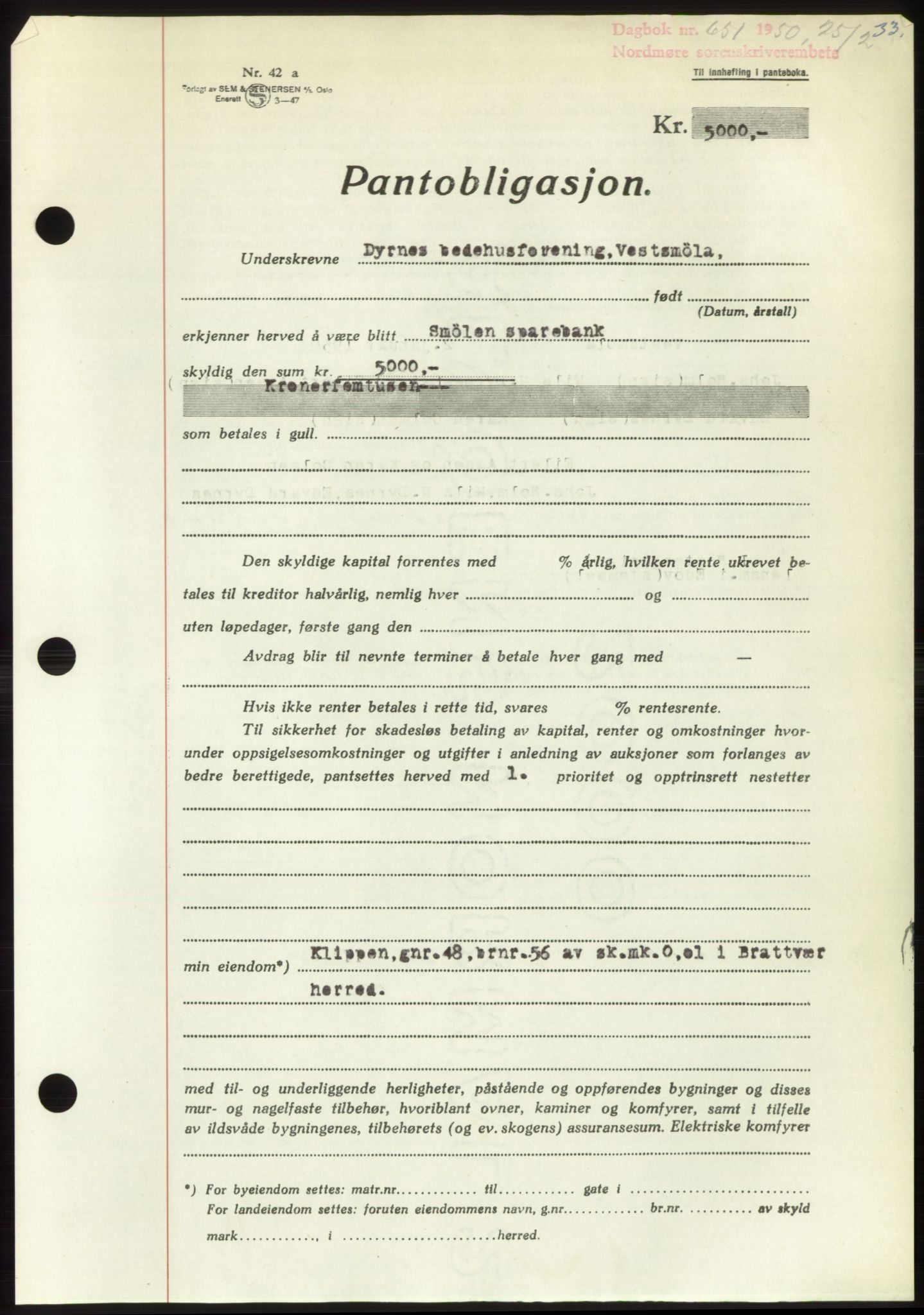 Nordmøre sorenskriveri, AV/SAT-A-4132/1/2/2Ca: Mortgage book no. B104, 1950-1950, Diary no: : 651/1950