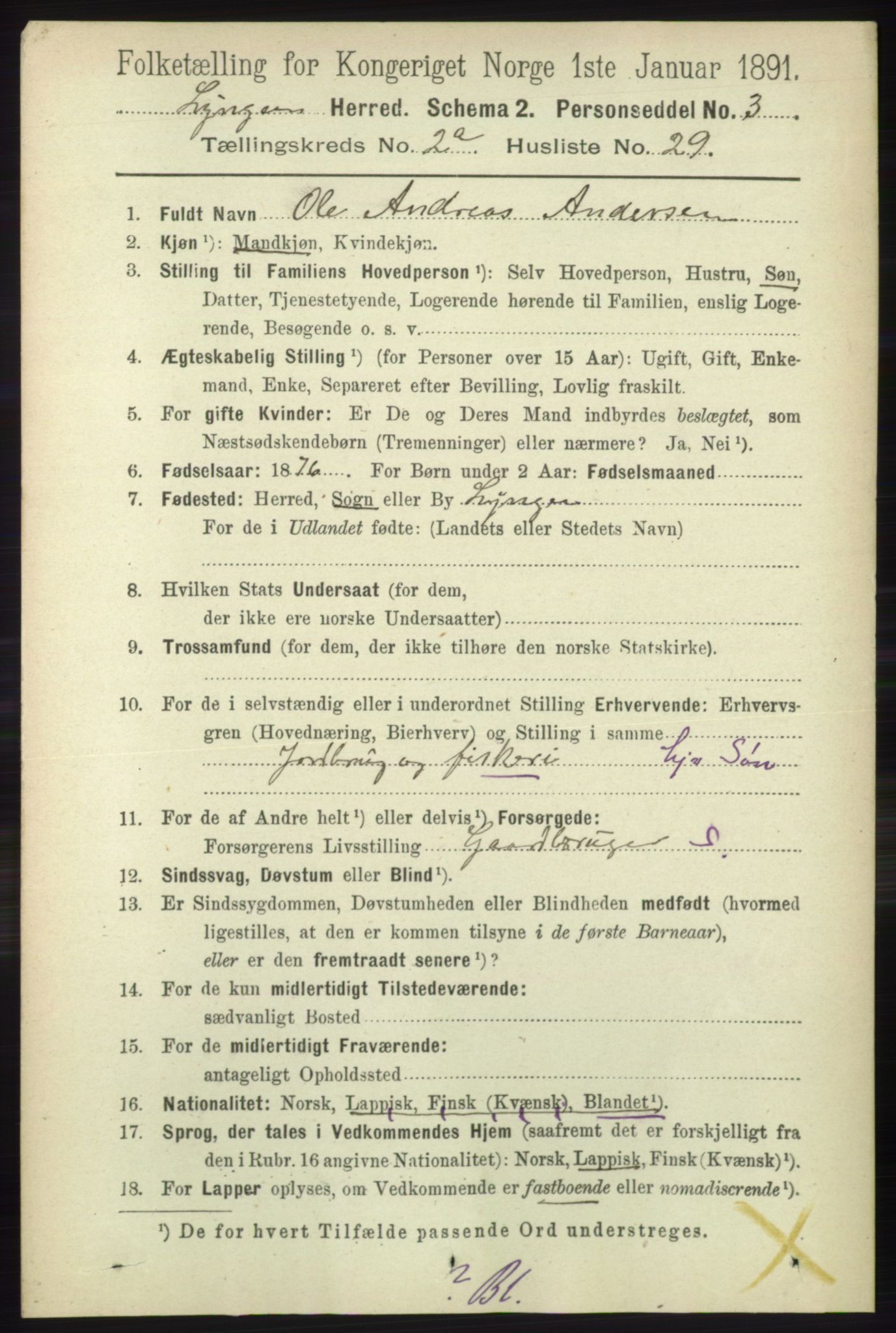 RA, 1891 census for 1938 Lyngen, 1891, p. 2191