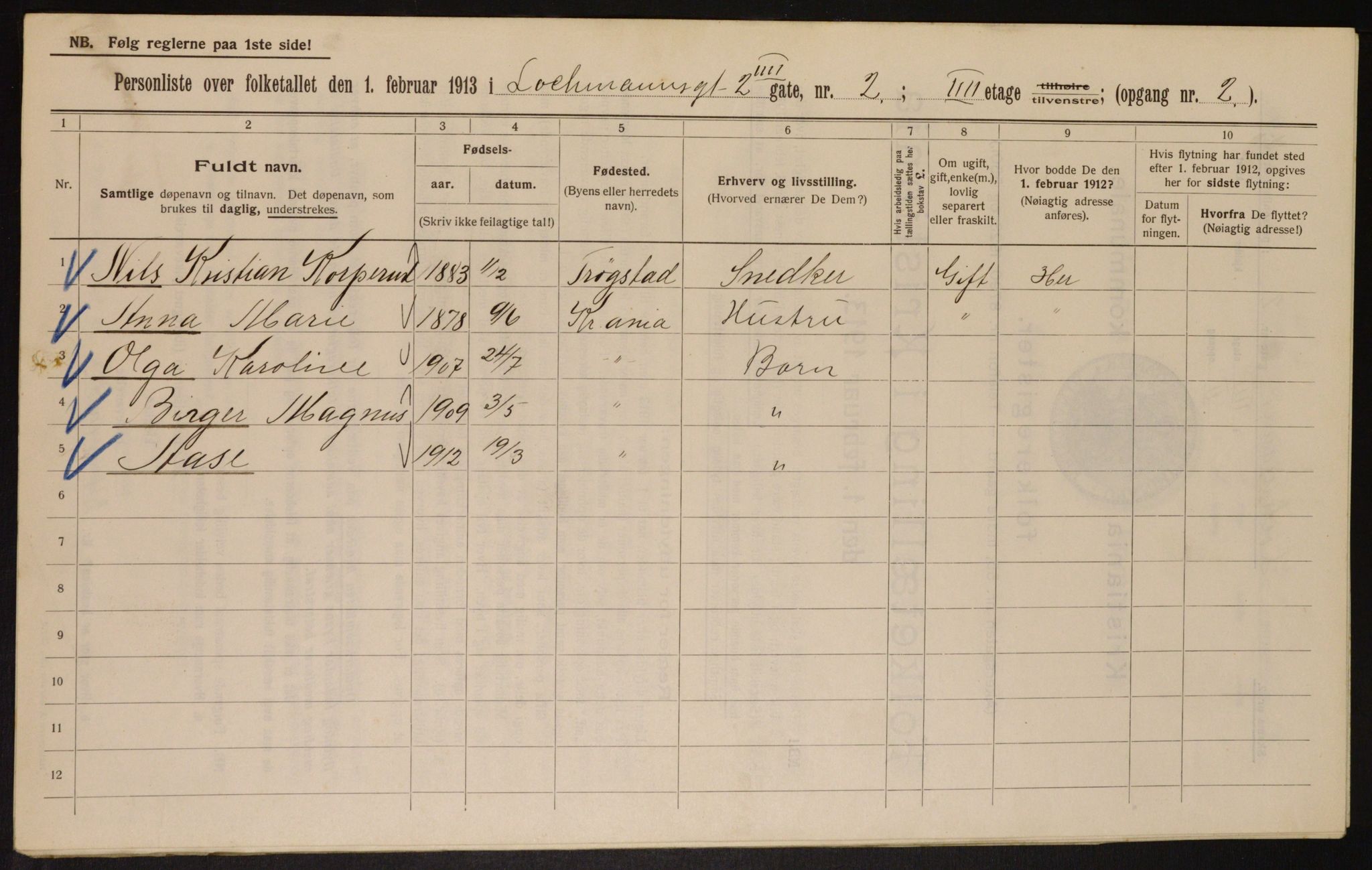 OBA, Municipal Census 1913 for Kristiania, 1913, p. 58007