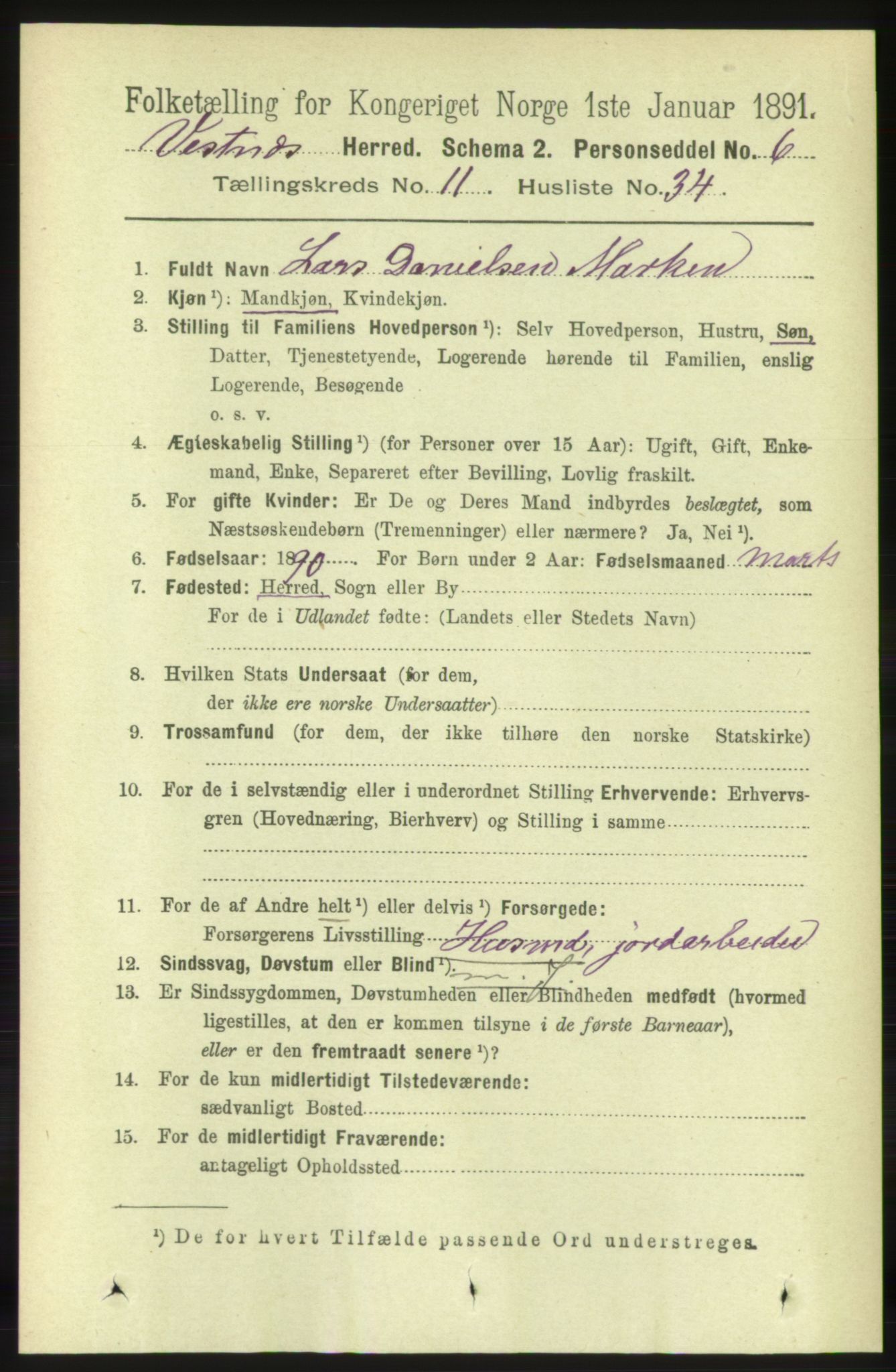 RA, 1891 census for 1535 Vestnes, 1891, p. 4123