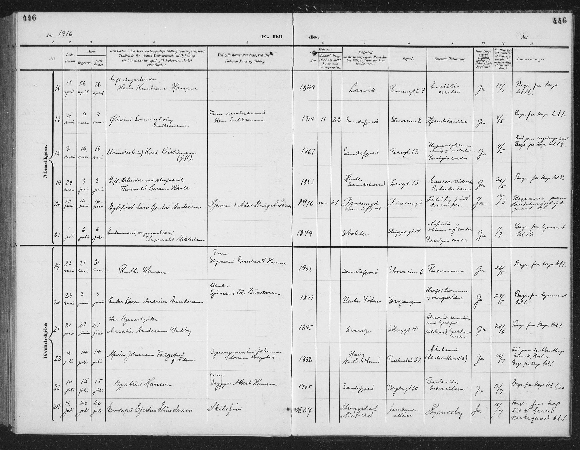 Sandefjord kirkebøker, AV/SAKO-A-315/G/Ga/L0003: Parish register (copy) no. 3, 1903-1920, p. 446