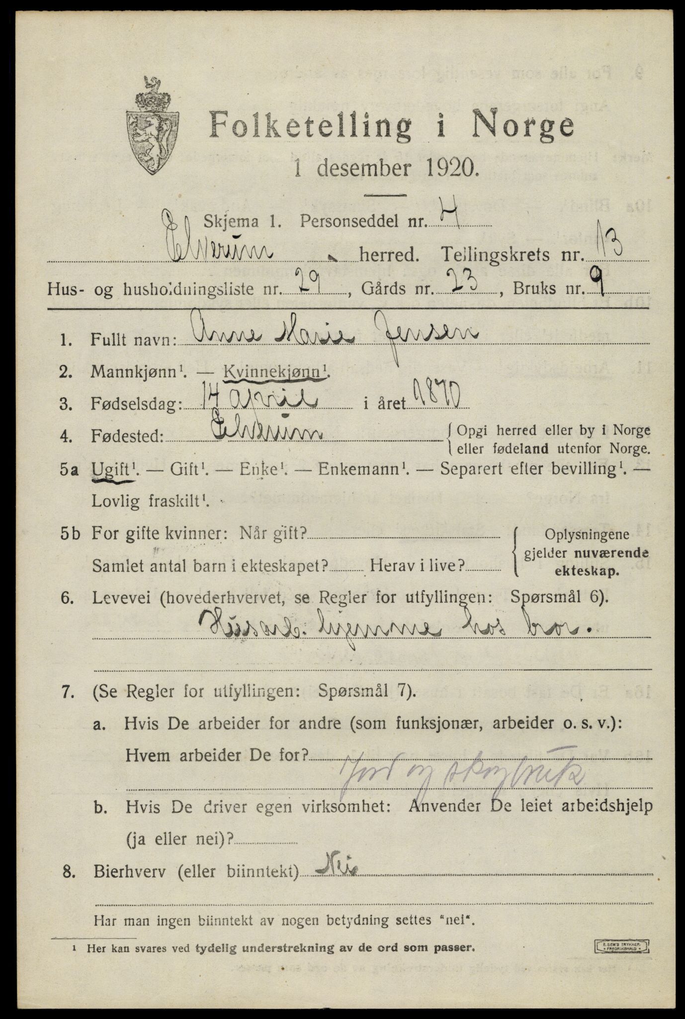 SAH, 1920 census for Elverum, 1920, p. 17706