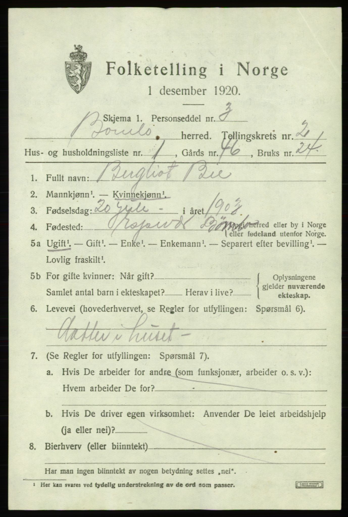 SAB, 1920 census for Bømlo, 1920, p. 1803