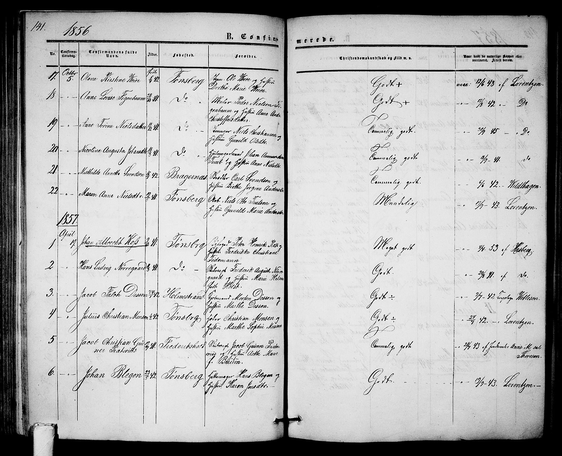 Tønsberg kirkebøker, AV/SAKO-A-330/G/Ga/L0003: Parish register (copy) no. 3, 1855-1864, p. 141