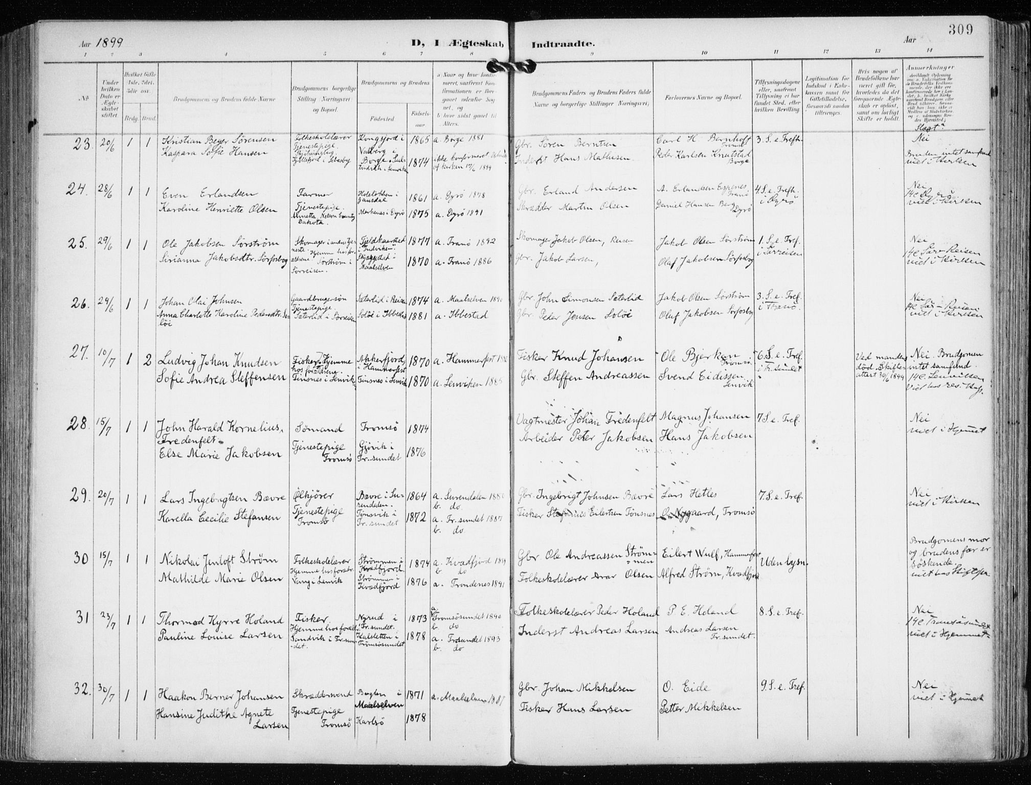 Tromsø sokneprestkontor/stiftsprosti/domprosti, AV/SATØ-S-1343/G/Ga/L0016kirke: Parish register (official) no. 16, 1899-1906, p. 309