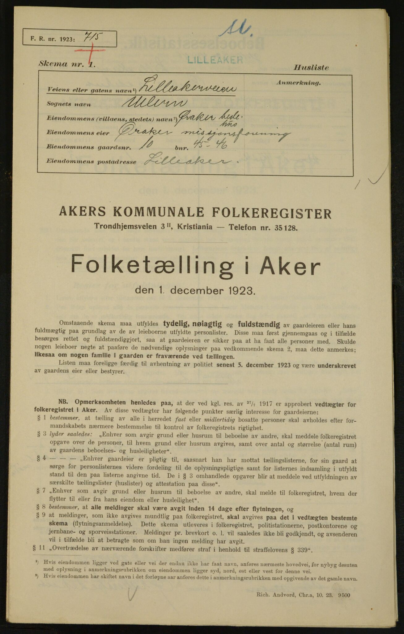 , Municipal Census 1923 for Aker, 1923, p. 4113