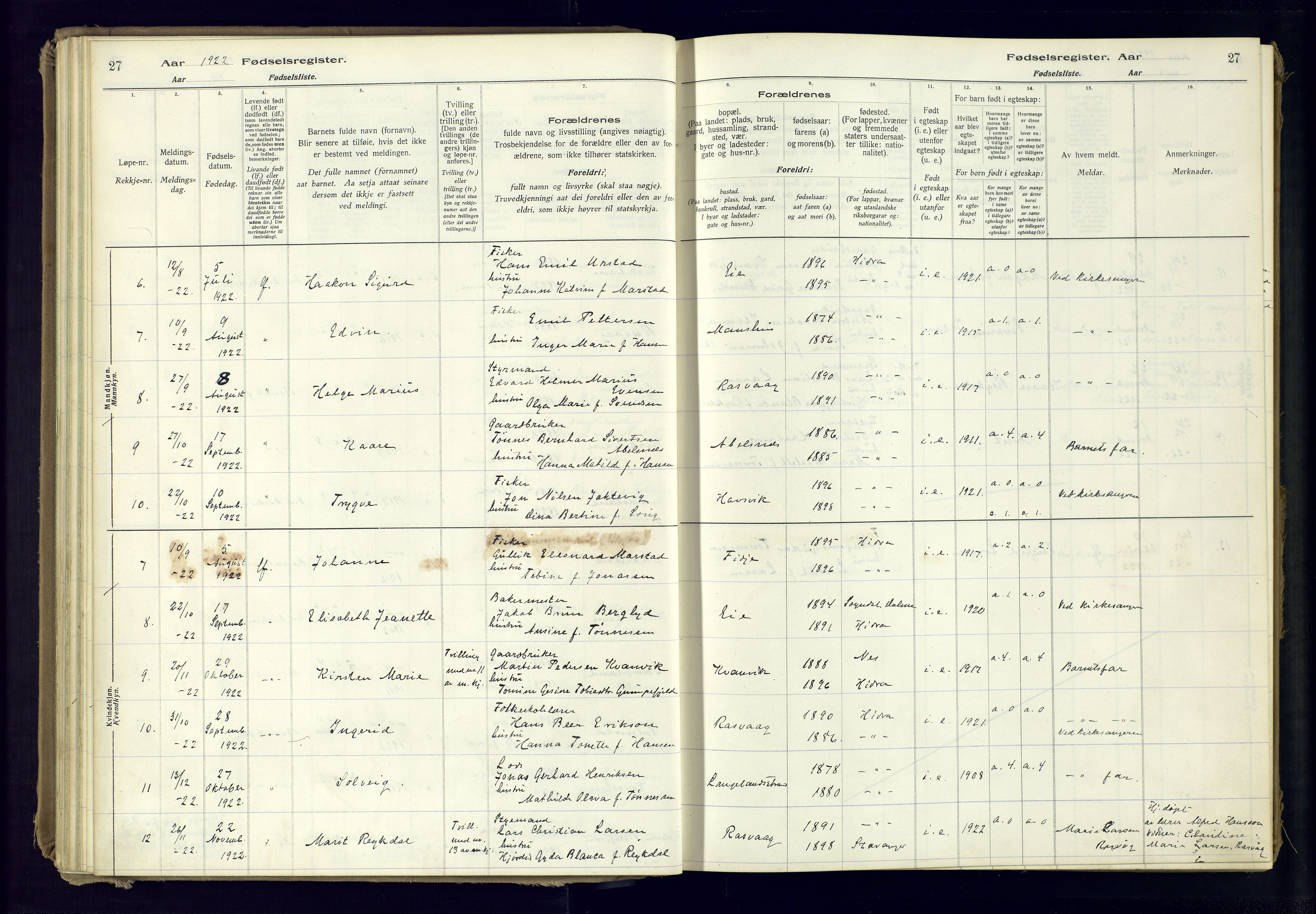 Flekkefjord sokneprestkontor, AV/SAK-1111-0012/J/Ja/L0007: Birth register no. 7, 1916-1982, p. 27