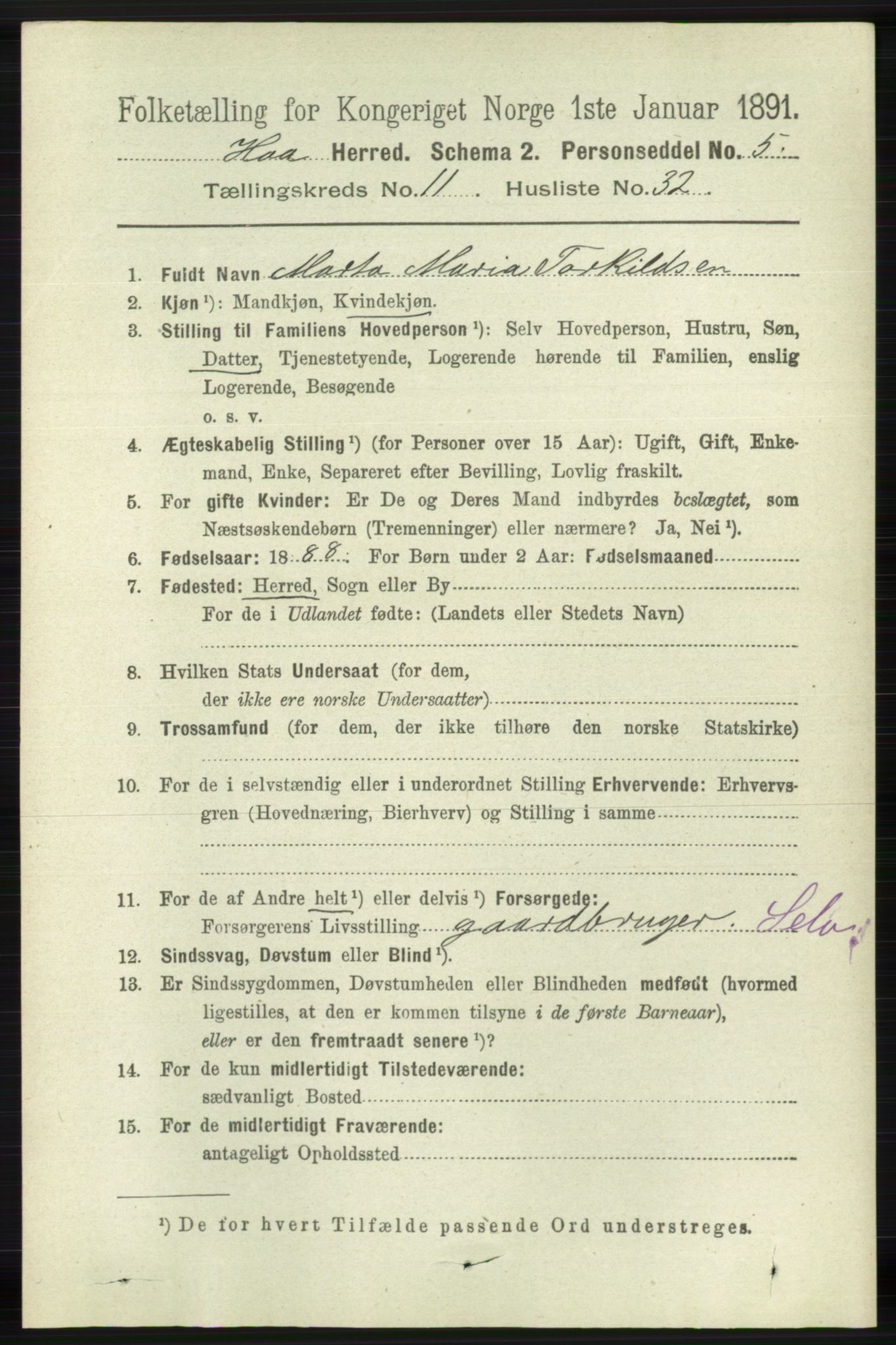 RA, 1891 census for 1119 Hå, 1891, p. 2828