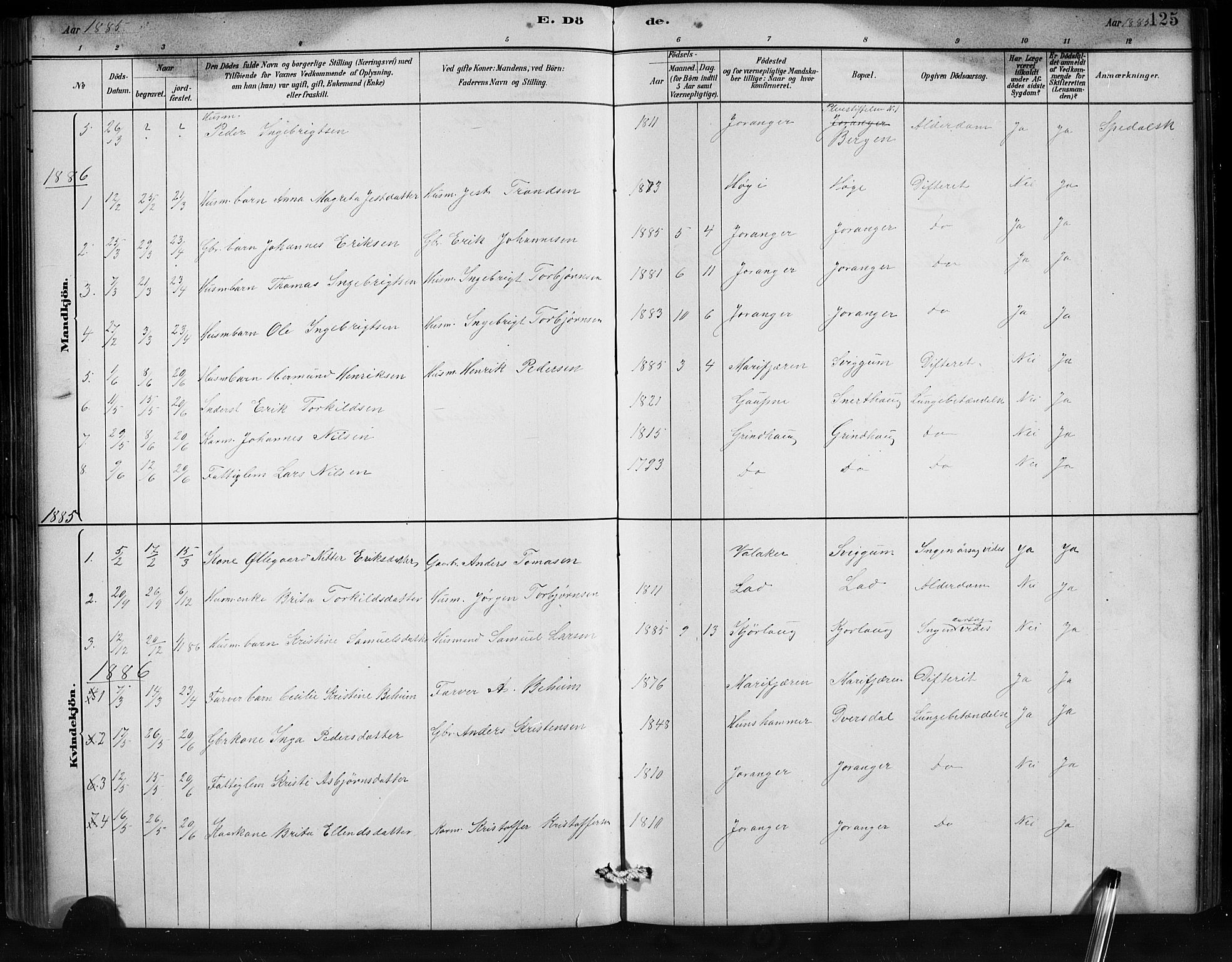 Jostedal sokneprestembete, SAB/A-80601/H/Hab/Habd/L0001: Parish register (copy) no. D 1, 1882-1910, p. 125