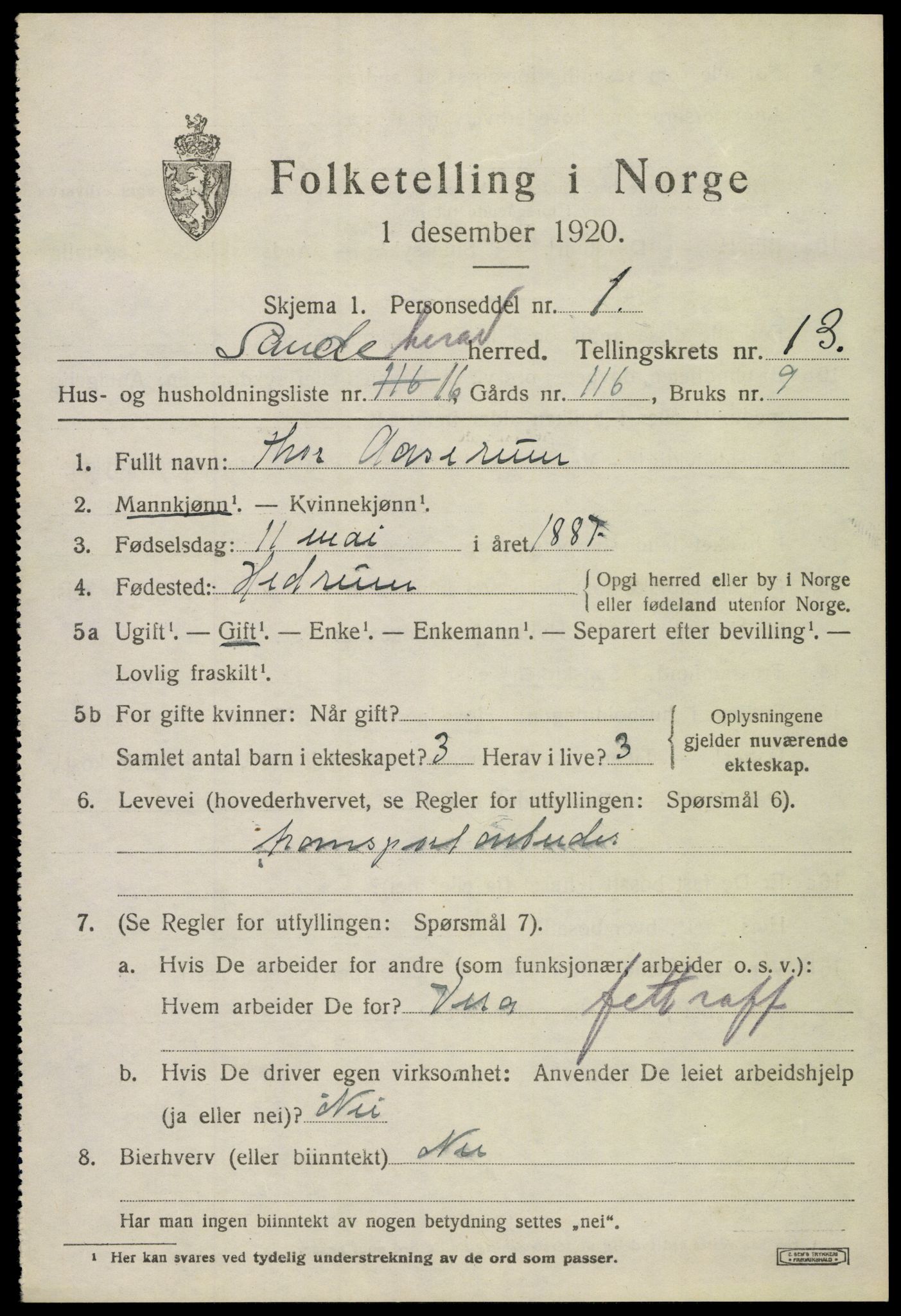 SAKO, 1920 census for Sandeherred, 1920, p. 19324
