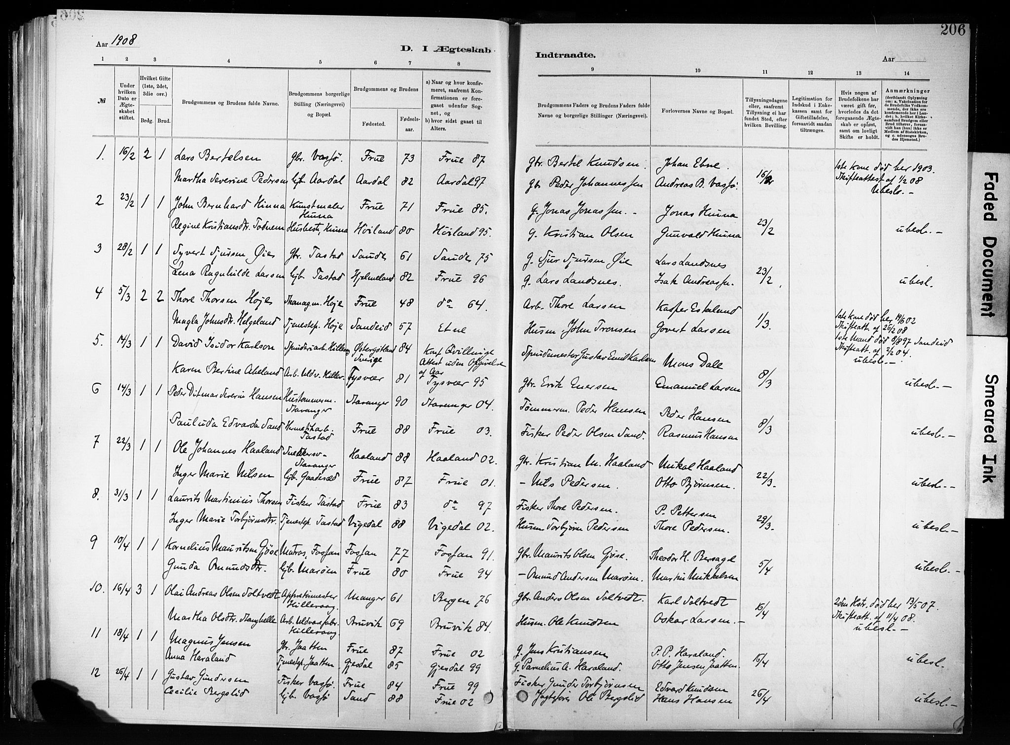 Hetland sokneprestkontor, SAST/A-101826/30/30BA/L0011: Parish register (official) no. A 11, 1884-1911, p. 206