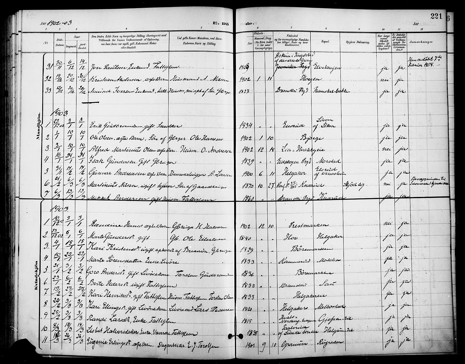 Gran prestekontor, SAH/PREST-112/H/Ha/Haa/L0019: Parish register (official) no. 19, 1898-1907, p. 221